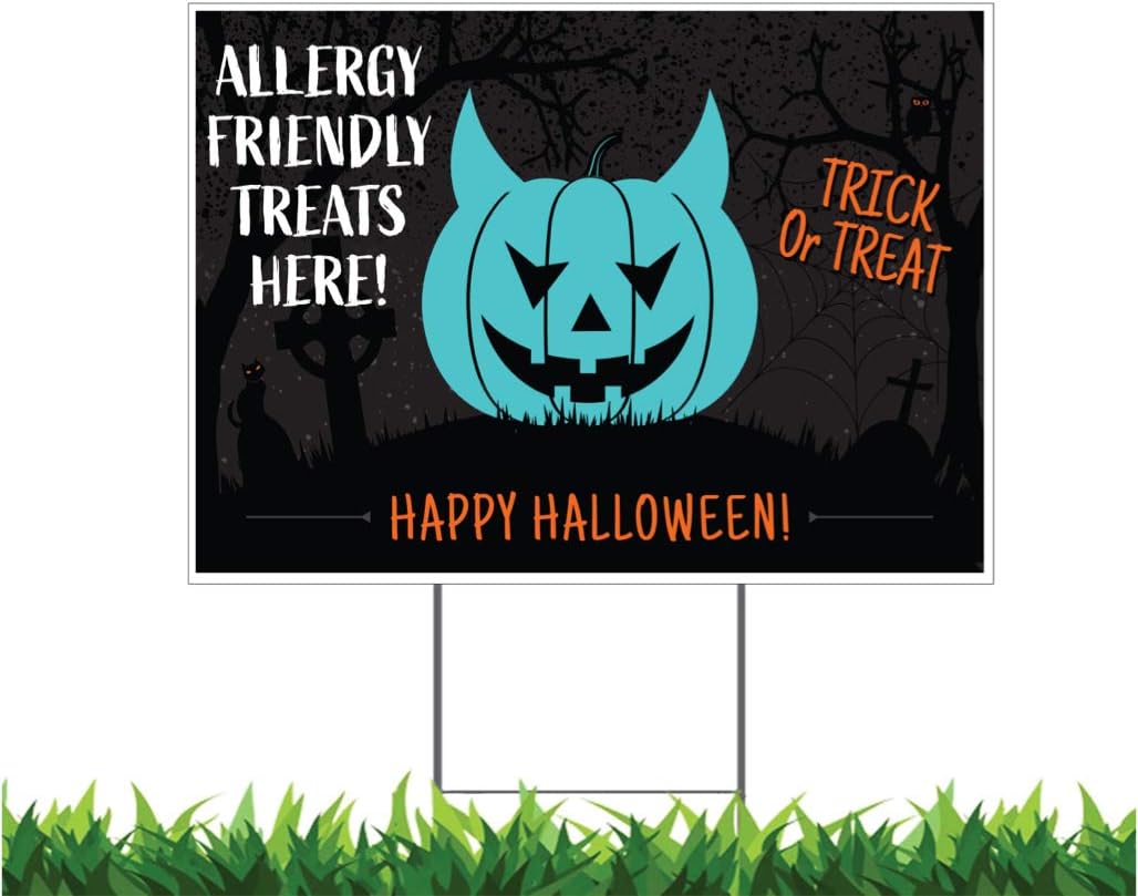 Halloween Allergy Friendly Treats Yard Sign, Printed Double Sided, Metal H-Stake Included (Teal, 24x18 Inches)
