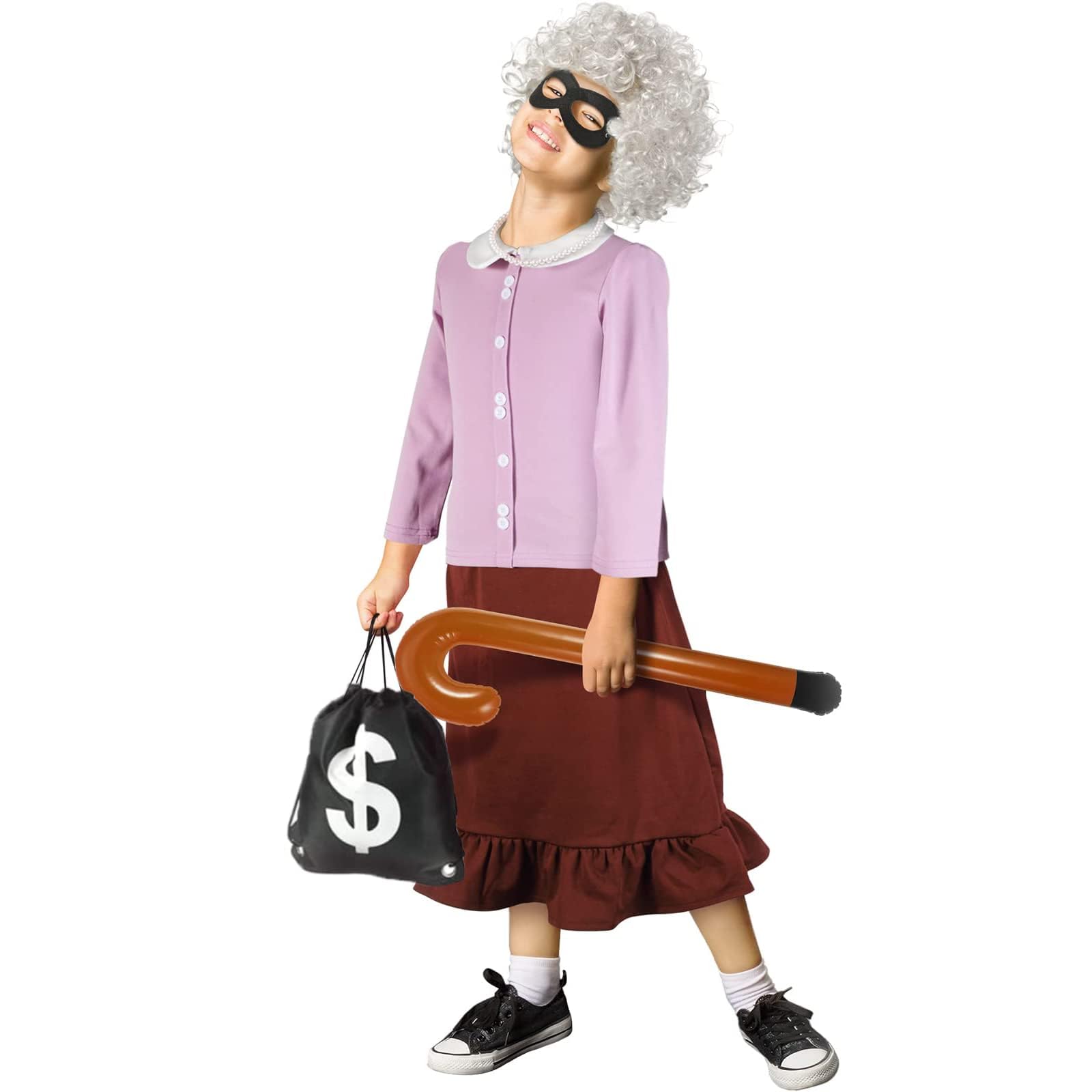 Kavoc 5Pcs Gangster Granny Costume Set Include Grey Wig Hairnet Bag Eyemask Necklace and Inflatable Cane for kids World Book Day Dress Up - Image 2