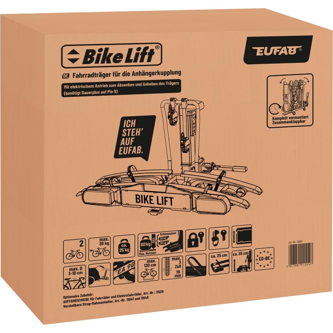 EUFAB 11554 Bagażnik rowerowy Bike Lift, nadaje się do rowerów elektrycznych, w pełni zmontowany, elektryczne opuszczanie, ochrona przed kradzieżą, na 2 rowery, na hak holowniczy, 2025 z uchwytami na