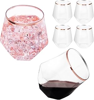 LUODA Rose Gold Diamond Shaped Plastic Stemless Wine Glasses Set of 24, Disposable 12 Oz Clear Plastic Whiskey Glasses for...