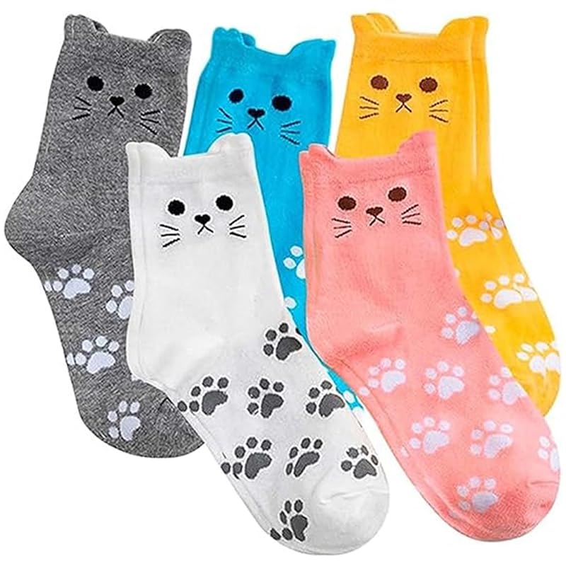 Uskerb5-Pair Set of Cat Socks for Women (Sizes 4-7) - Cozy Cotton Blend, Adorable Cat Print