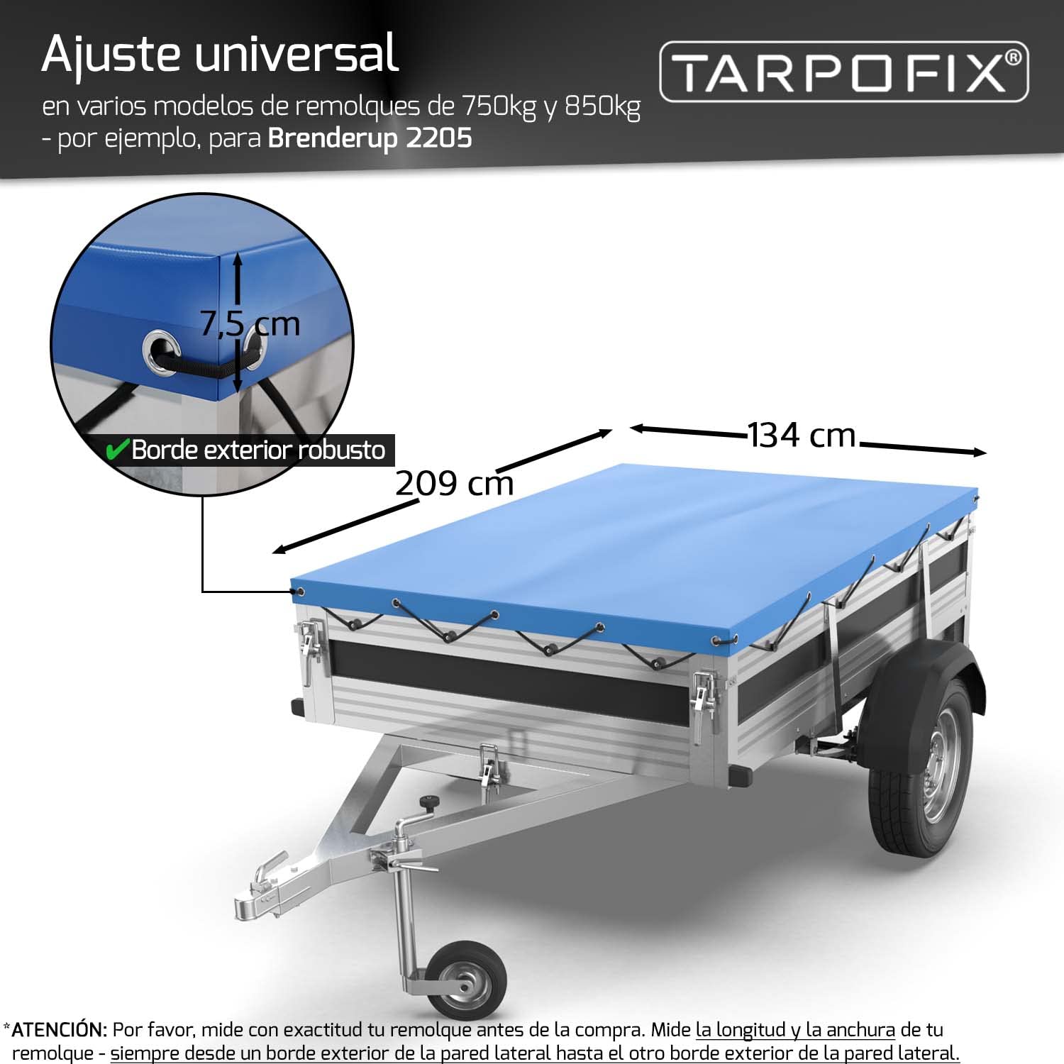 Tarpofix® Cubierta para Remolque 209x134x7,5 cm con Cuerda – PVC Reforzado – Funda para Modelos de 750kg FP3