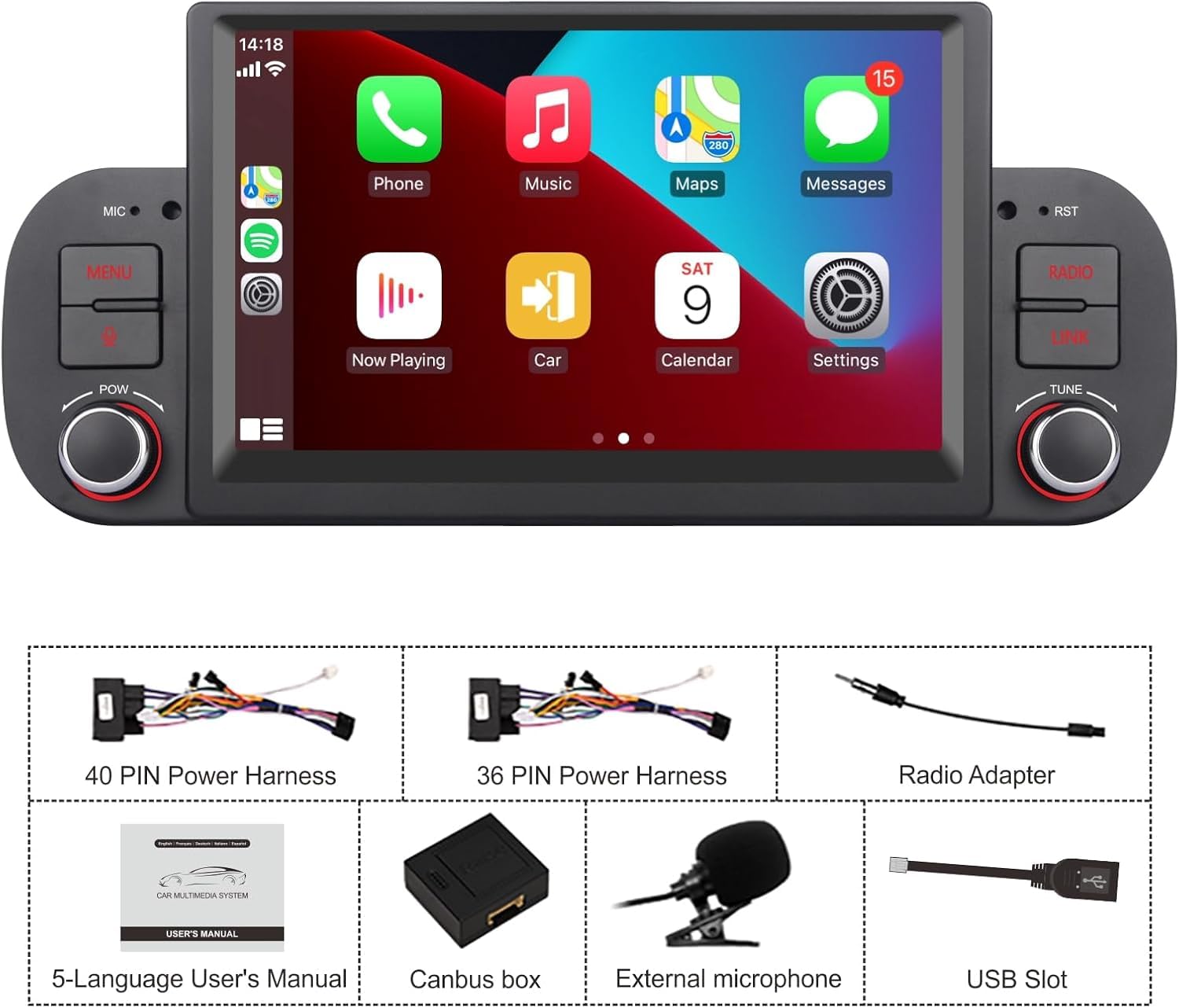 Autoradio Double Din per FIAT Panda 2013-2020 con CarPlay wireless di Apple e Android Auto, comando vocale, display IPS/GPS Navi/Bluetooth/FM/AM/USB/EQ/Touch Display