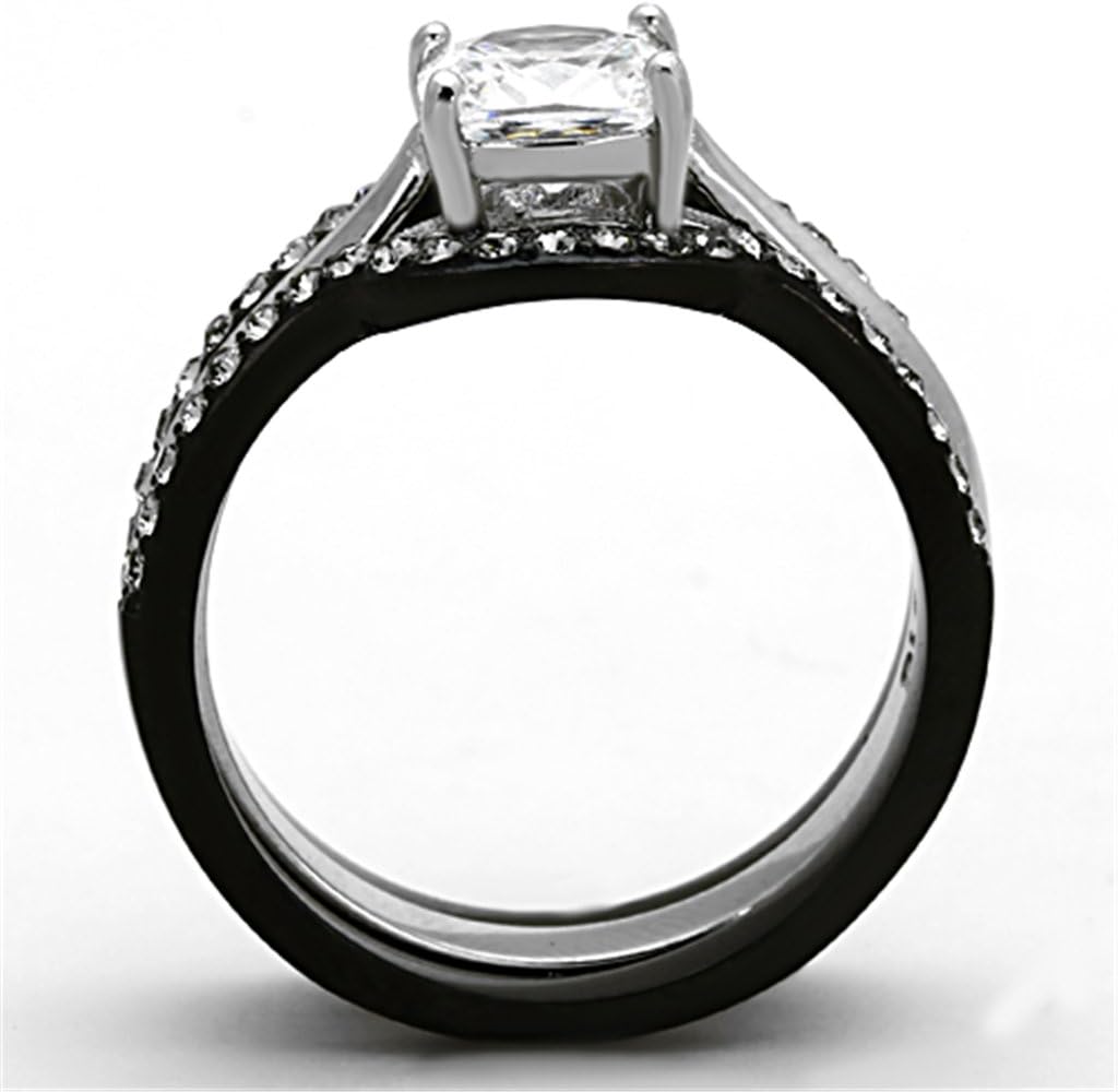 Marimor Jewelry His and Hers 4 Piece Black Stainless Steel Wedding Engagement Ring and Classic Band Set
