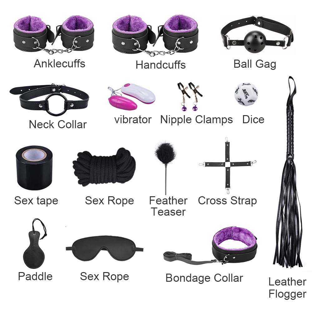 Sex Bondage Ties BDSM Kit Qoosea 15PCS Set de Juguetes Sexuales para Parejas Set Bondage Ajustable Juegos de Adultos para Parejas Set de Sujeción para Accesorios Sexuales (morado y negro)