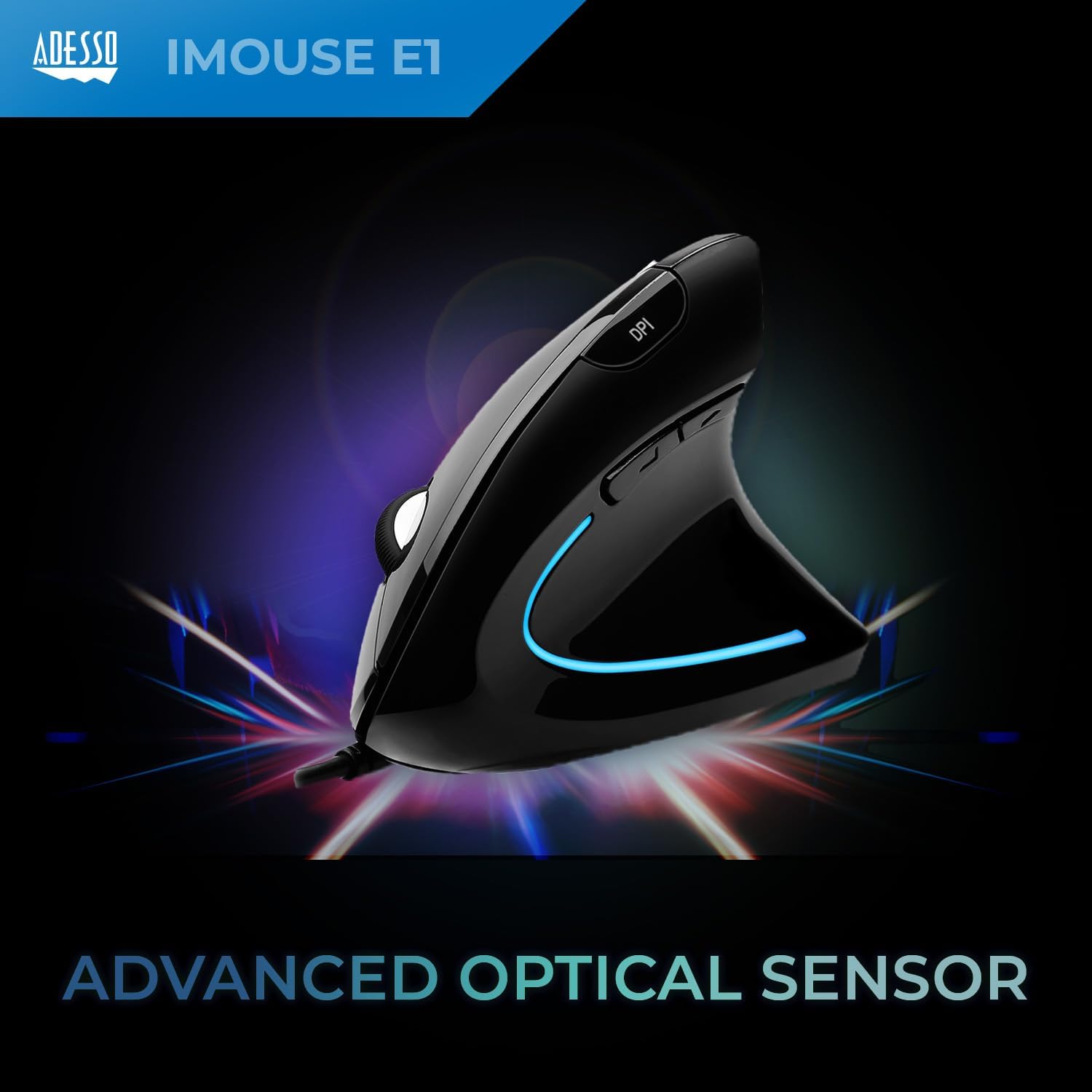 Adesso Wired Vertical Ergonomic Illuminated Optical 6-Button USB Mouse - Right Hand Orientation, Black