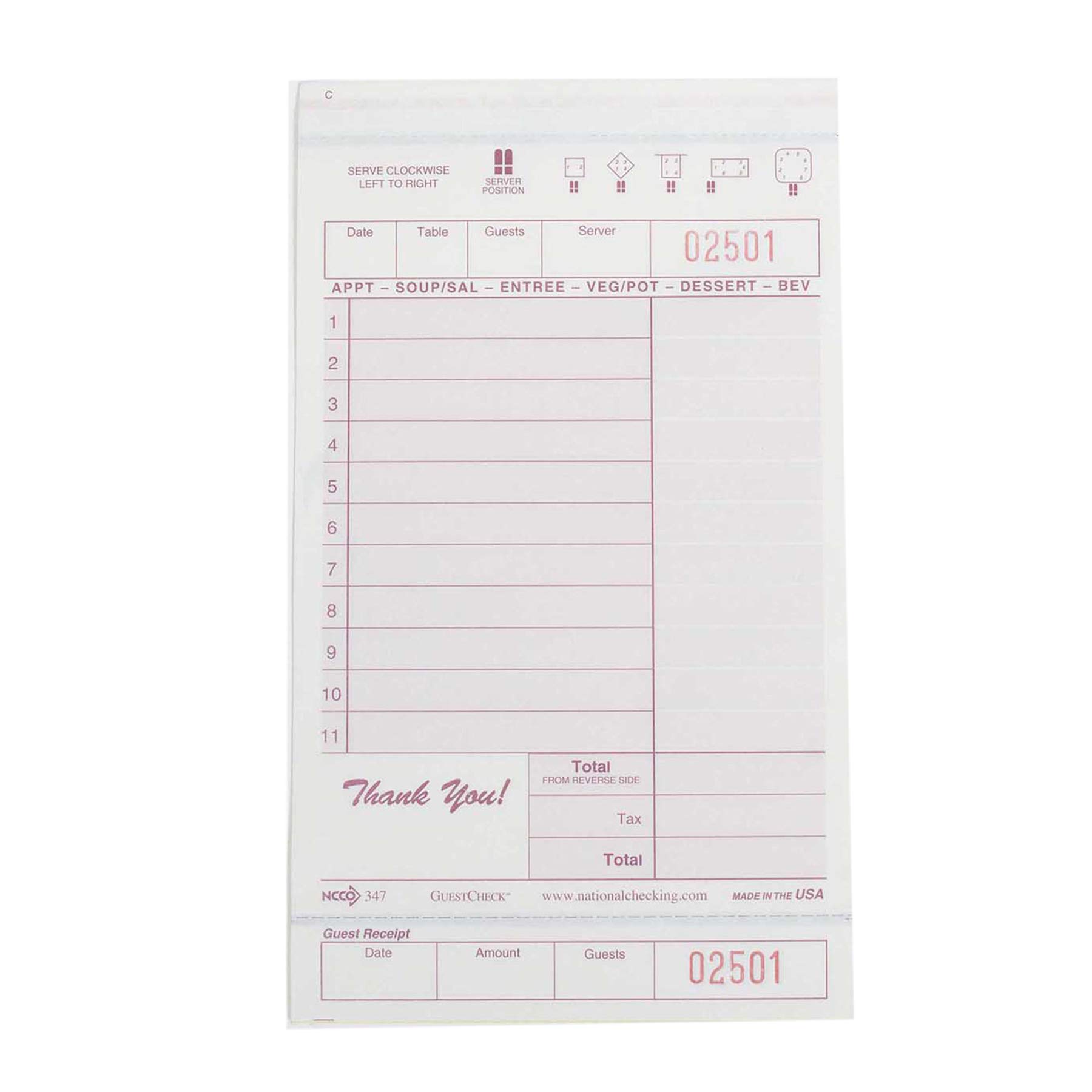 National Checking Company Carbonless Guest Check Board - 3 Part Maroon, 11 Line, 4.20 x 7.25 inch - 2000 per case.