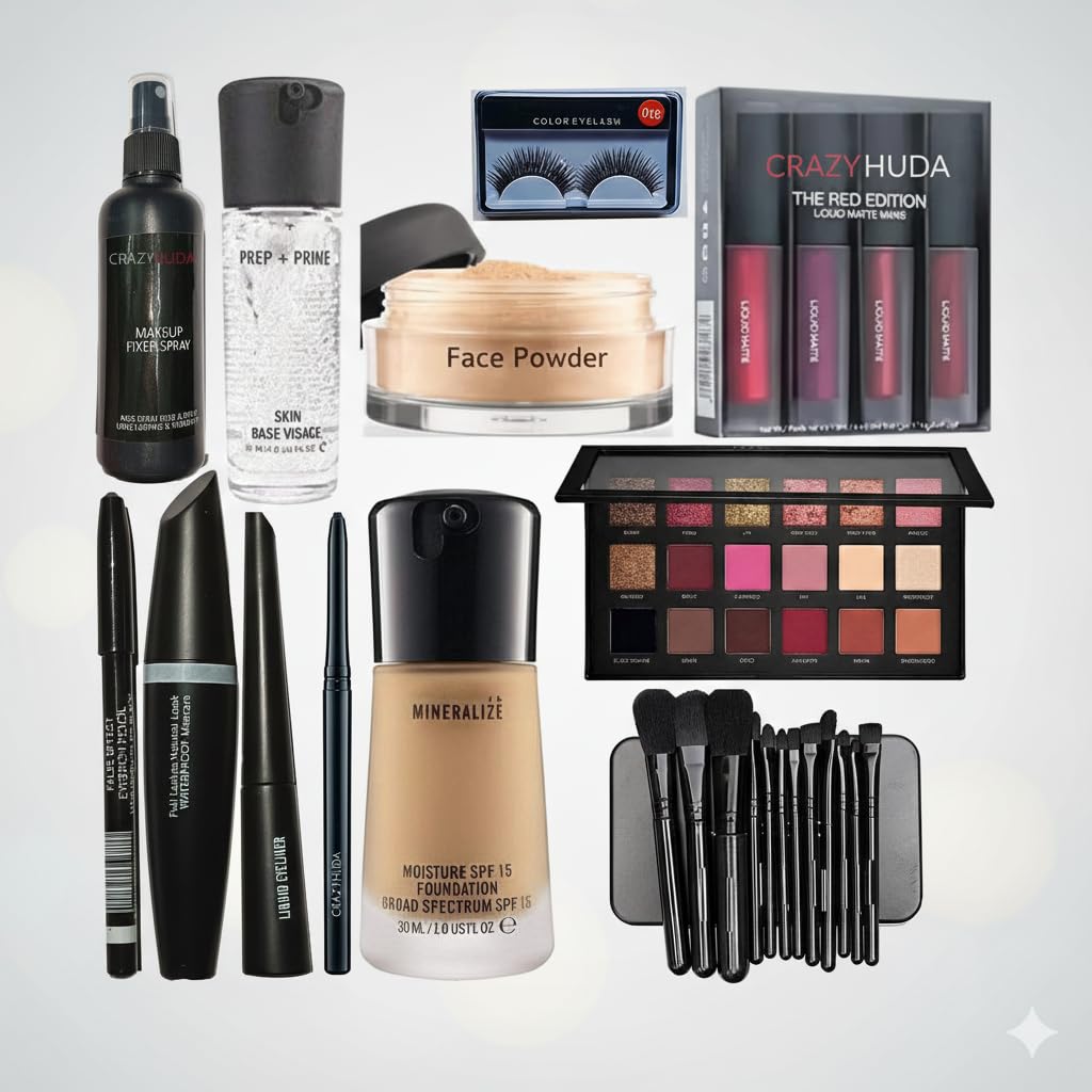 CRAZYHUDA Professional Makeup Combo Eyeliner,Mascara,Eyebrow Pencil,Kajal, Primer,Foundation, Face Powder, Eyeshadow, Makeup Brush, 4 in1 Lipstick, Eyelashes & Fixer Set of 12 Natural & Matte Finish