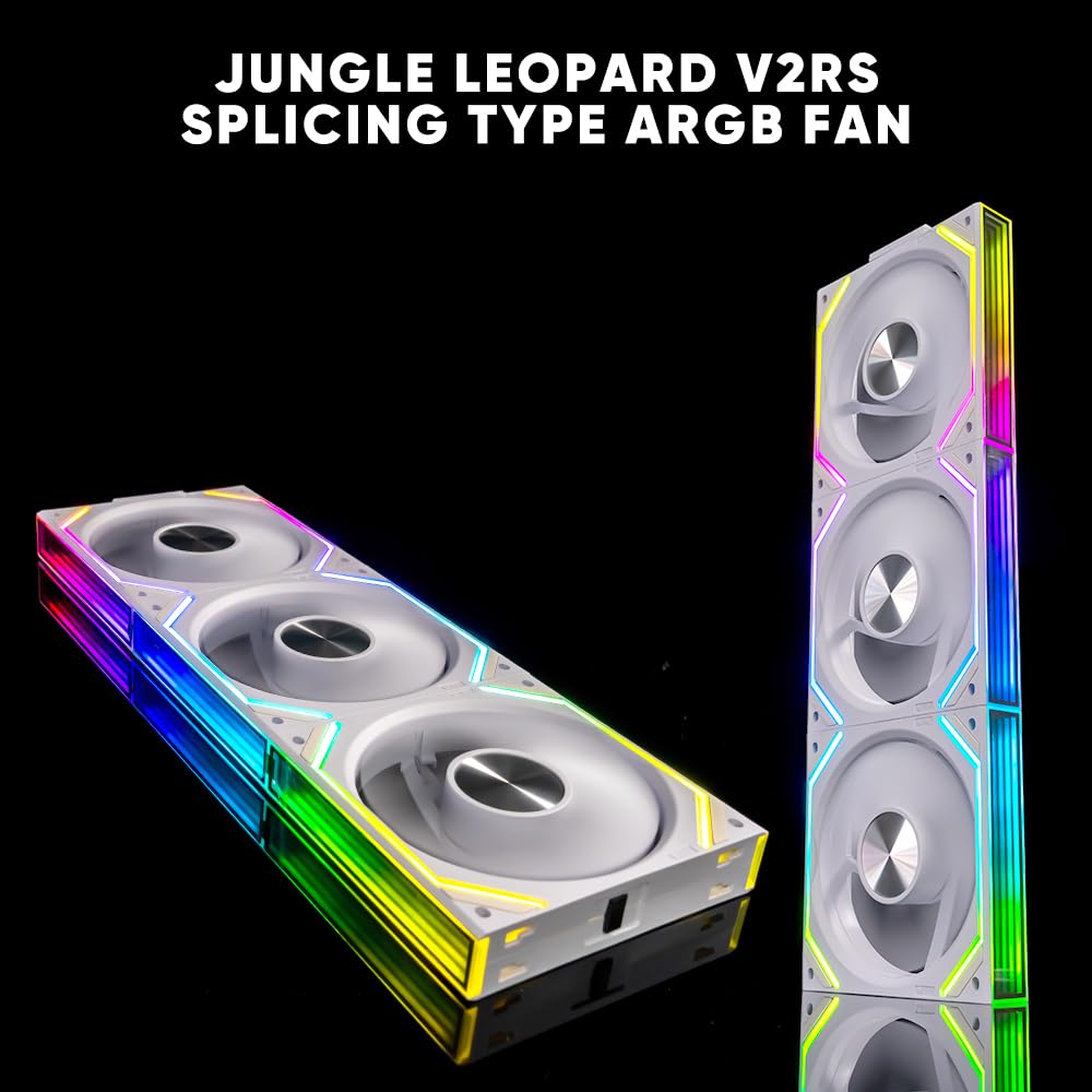 Jungle Leopard Ventilador de PC JM-V2 RS 120 Infinity Mirror Module Daisy Chain ARGB Ventilador de 120 mm, paquete triple adecuado para carcasa de computadora y enfriador AIO de 360 mm (blanco)