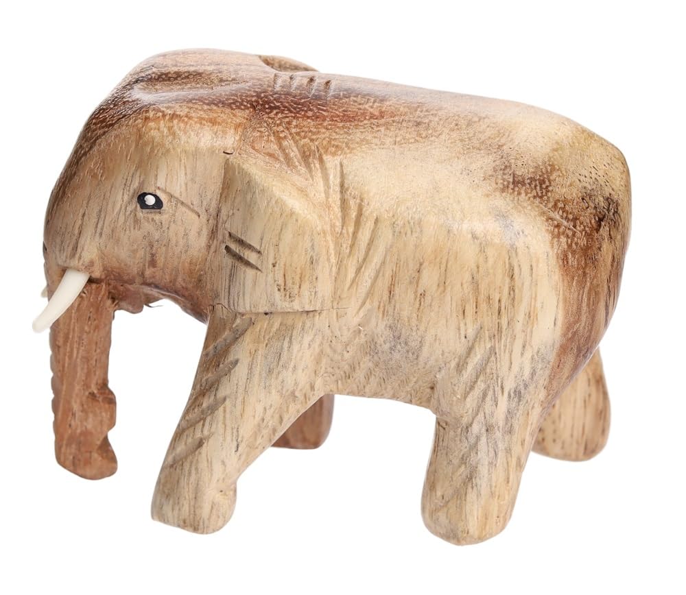 Wooden Hand Carved Wooden Elephant Statue, Sculpture Art Decorative Rustic Home Decor Accent Handmade Handcrafted Decoration. (Natural Color Elephant)