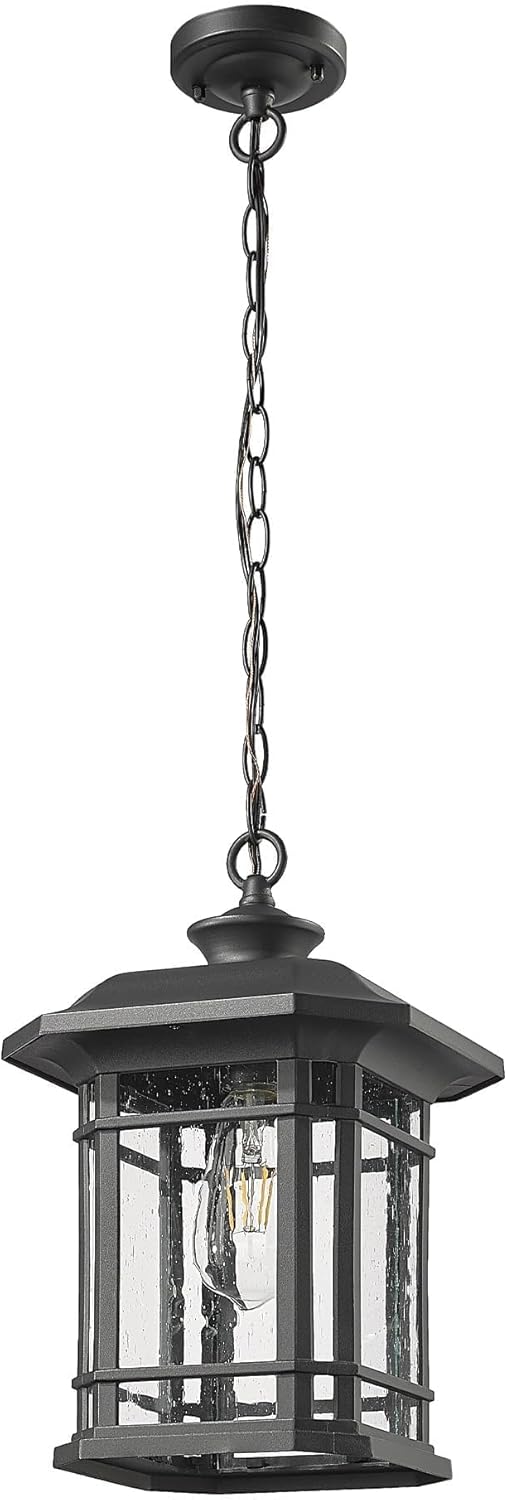 ALLGOT Large Outdoor Pendant Light, Black Outdoor Chandelier Lantern, Anti-Rust Exterior Hanging Lighting Fixture, Porch Lights Hallway Ceiling with Seed Glass for House (Black, 13.36 Inch Height)