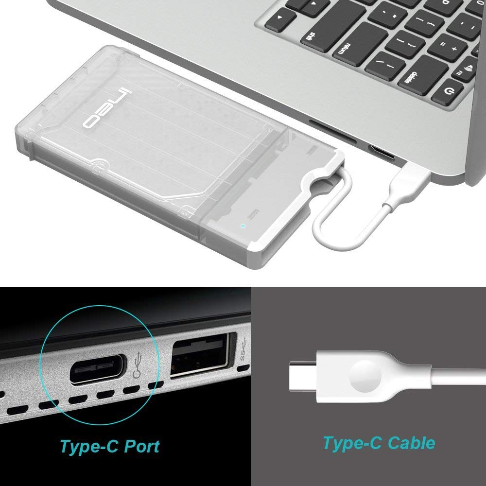ElecGear USB C 3.1 Externes Festplatten Gehäuse für 2,5 Zoll Festplatte von 7mm bis 15 mm, 2.5 Festplattengehäuse SATA HDD und SSD Hard Drive Enclosure, Typ A Kable mit USB C Adapter