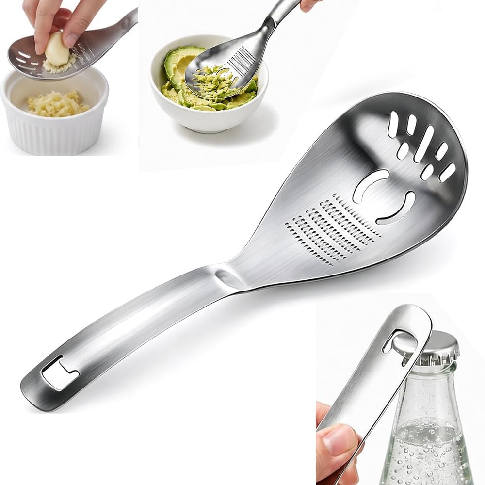 GOJWW 5-in-1 Stainless Steel Cooking Spoon, Multifunctional Kitchen Spoon with Garlic & Potato Masher, Egg Separator, Pasta Strainer, Soup Filter and Bottle Opener, Multi-Purpose Cooking Utensil#Mash