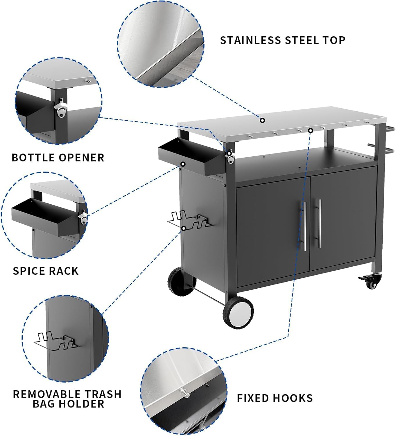 Outdoor Grill Cart with Stainless Steel Top, Outdoor Grill Table with Storage Cabinet for Patio, Kitchen Prep, Grilling Accessories, Black