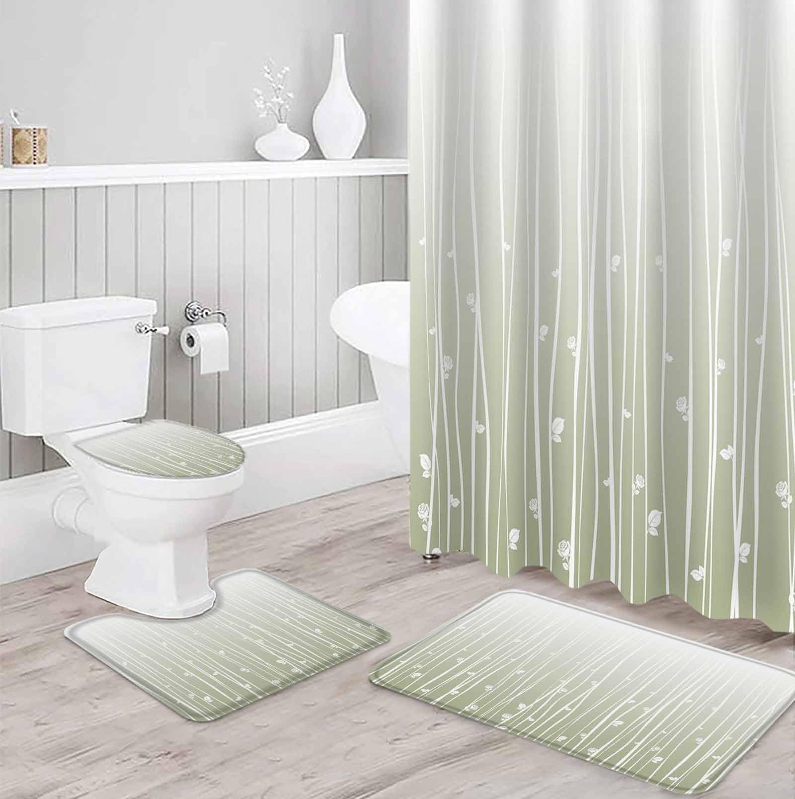 Sage Green Bathroom Set with Shower Curtain and Rug Accessories - 36x72 Inches Long Floral Stripe Gradient Simple Branch Texture Stall Curtain Waterproof with Large Bath Mat,Washable Runner Rug Set