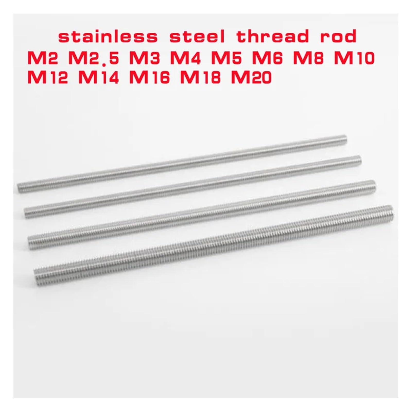 Kangsiyu 1PCS 304 Stainless Steel Threaded Rod Full-Thread Bar M2 M2.5 M3 M4 M5 Length 250mm(M2)