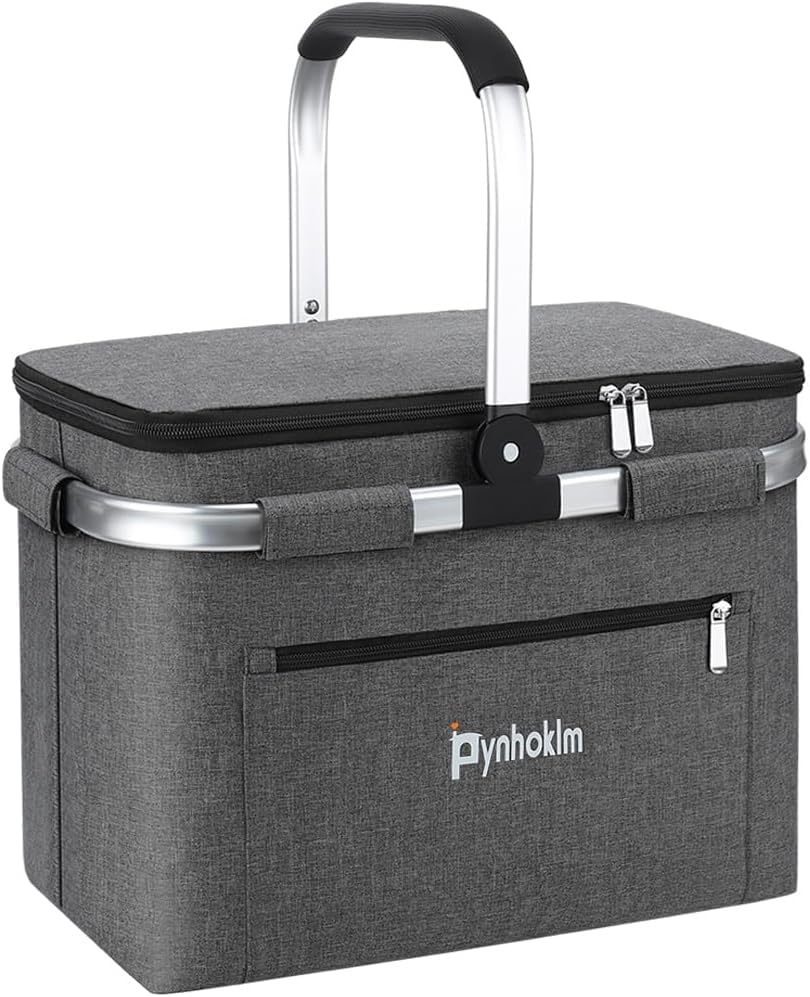 30L Einkaufskorb mit Kühlfunktion Tragekorb Faltbar Picknickkorb mit Deckel Klappkorb Thermokorb Isoliertasche Faltbar Einkaufstasche mit Alurahmen Stabiler Korb-für Reisen/Picknick/Einkaufen