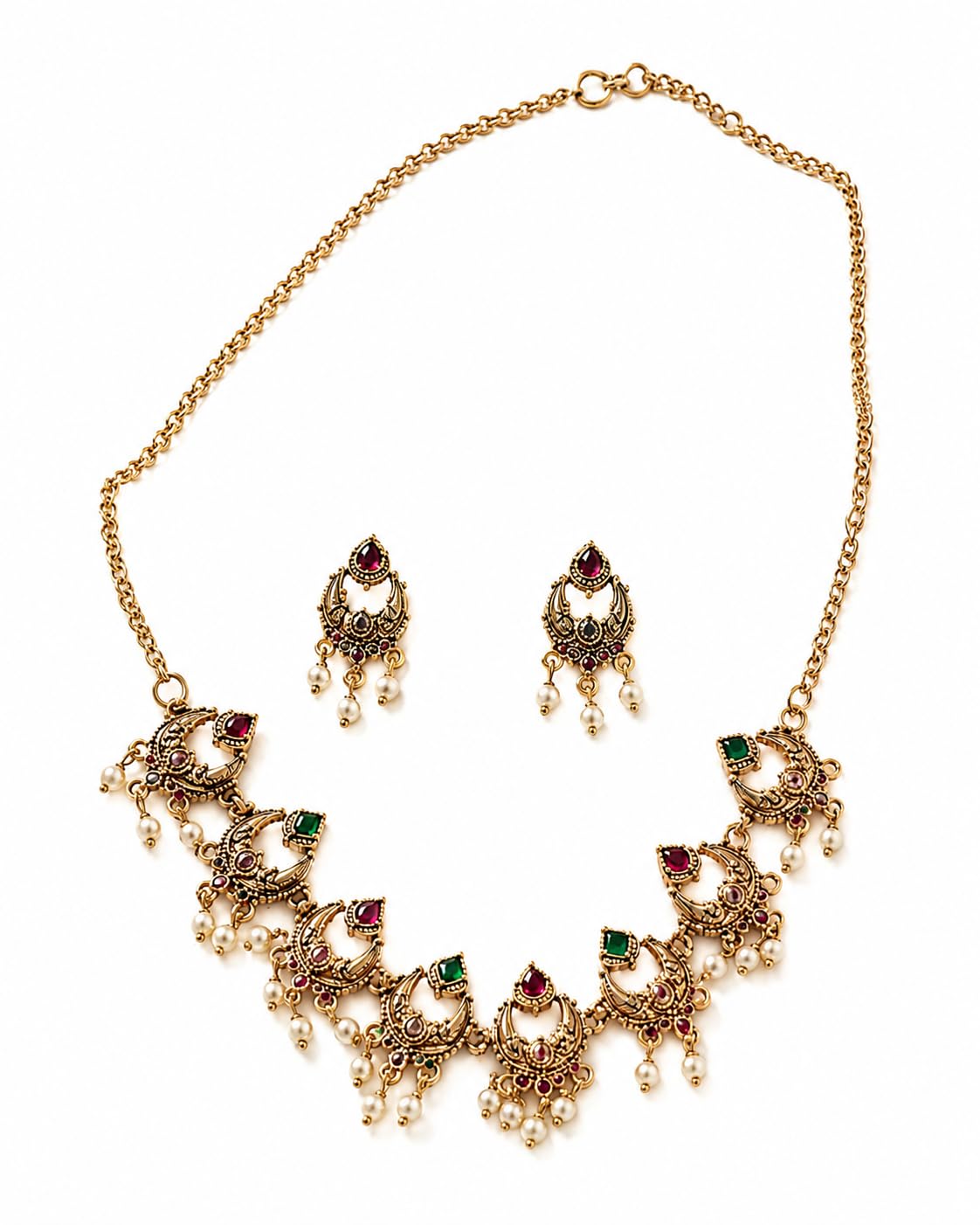 Antique Gold-Tone Chandbali Necklace and Earrings Jewellery Set-image-27