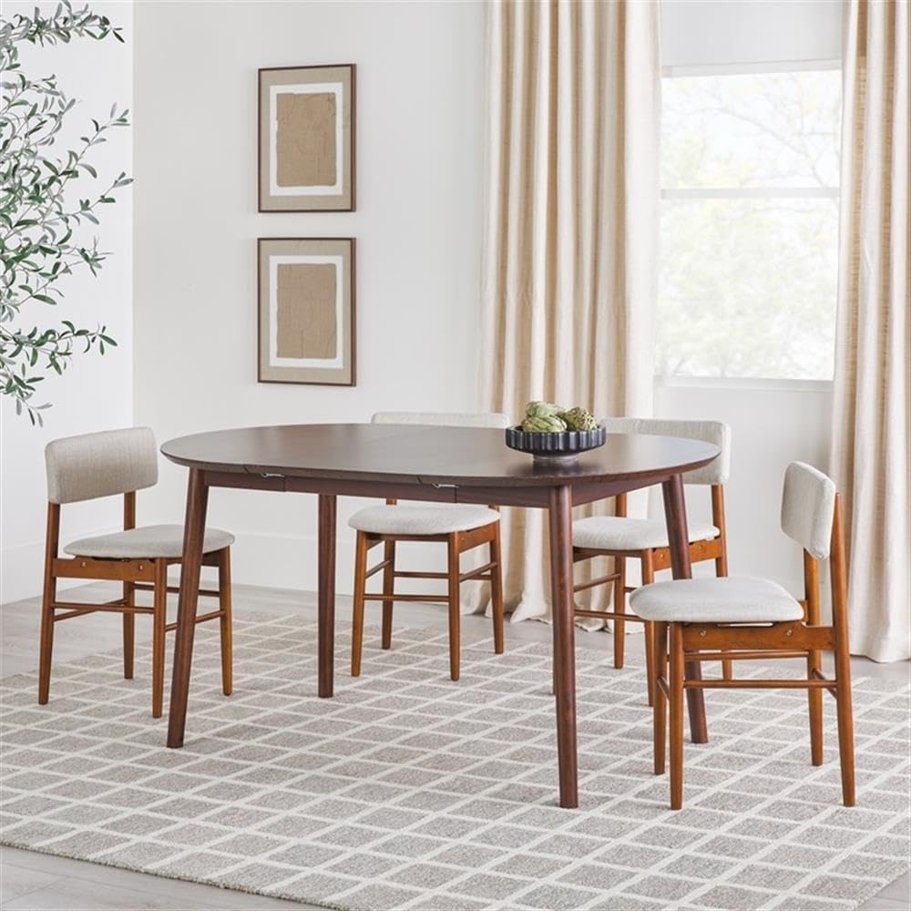 Pemberly Row Oval Solid Wood Dining Table, Walnut Finish, Removable Leaf, 30"H x 40-60"W x 36"D, Mid-Century Modern Design, Seats 4-6, Space-Saving Dining Room Table for Everyday or Special Occasions