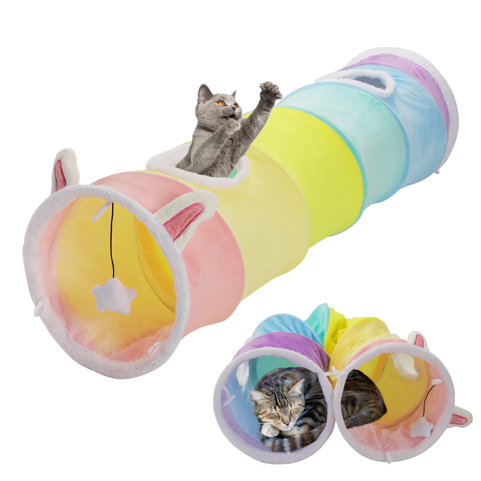 Large Size Straight Cat Tunnel with Four Holes and Hanging Ball for Indoor Cat Exercise, Interactive Crinkle Inside Material