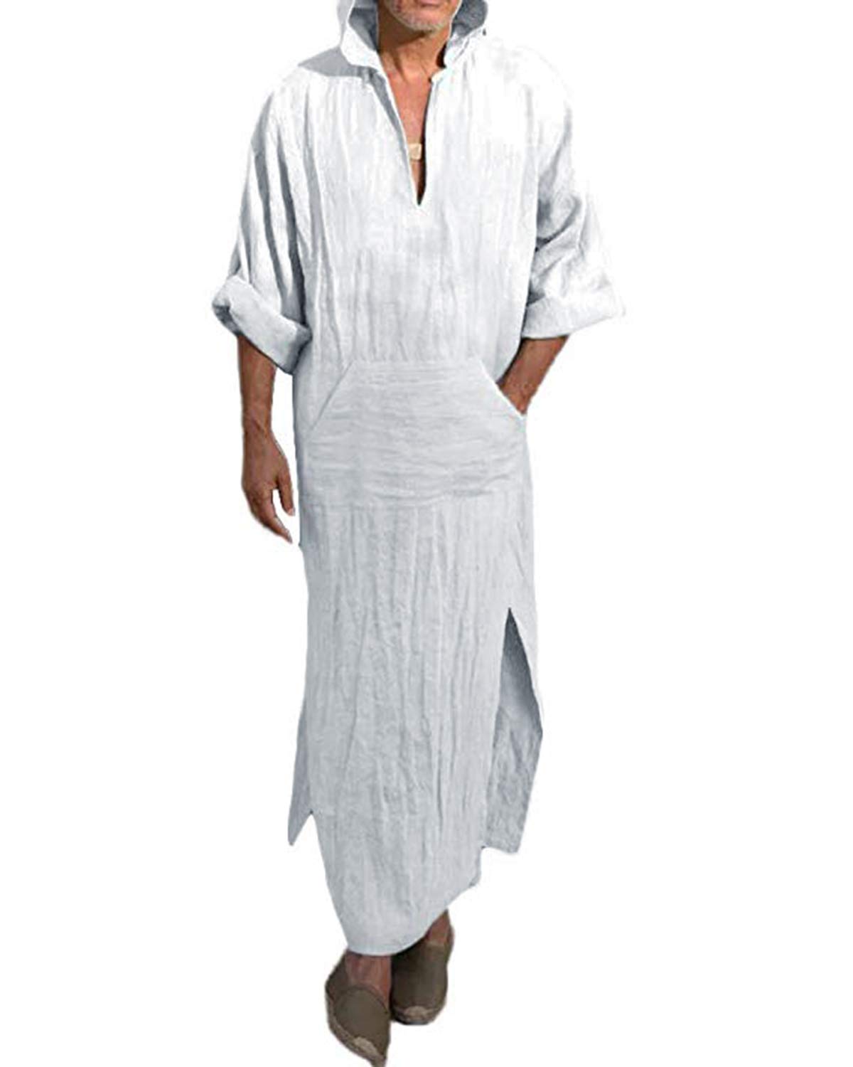 Jacansi Men's V-neck Short Sleeve Robe Side Split Kaftan Cotton Long Gown Thobe S-3XL