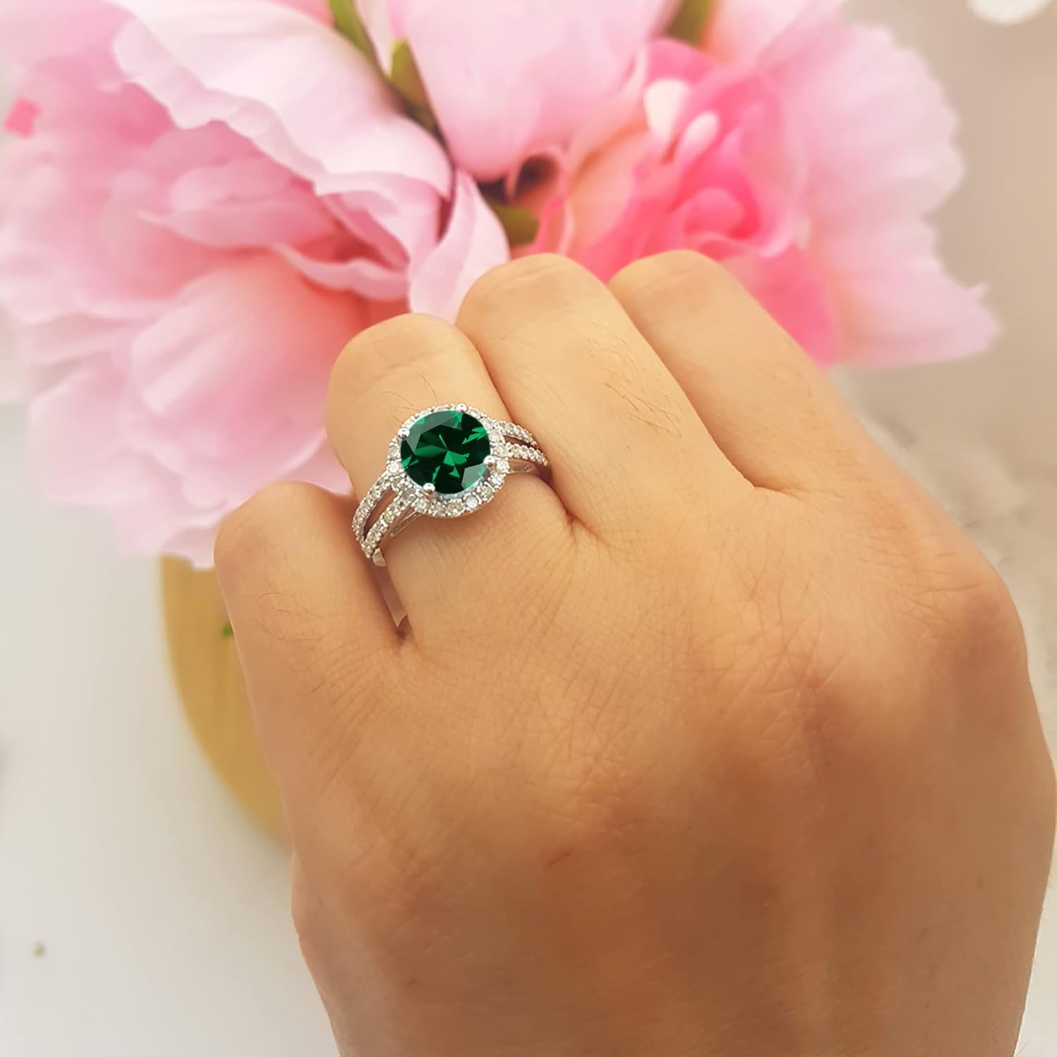 Dazzlingrock Collection 8mm Round Lab Created Gemstone & Natural White Diamond Halo Style Split Shank Bridal Engagement Ring for Women (Diamond 0.55 Ctw) in 925 Sterling Silver