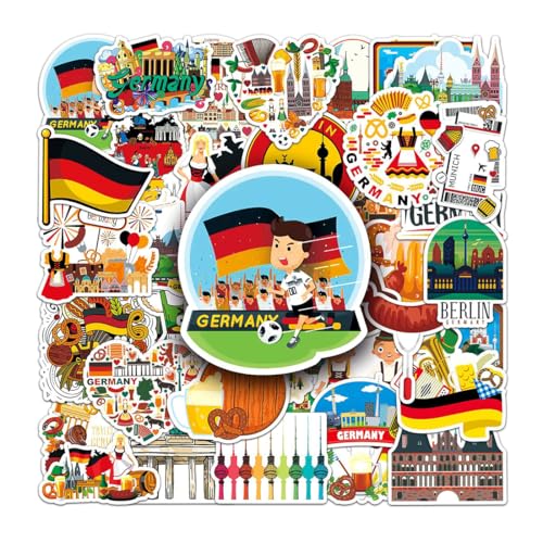 Lot de 50 Allemagne Autocollants, Allemagne Voyage Autocollants en Vinyle Imperméables, Valises Stickers pour scrapbooking, bouteille d'eau, Bagages Skateboard Guitare Ordinateur Portable