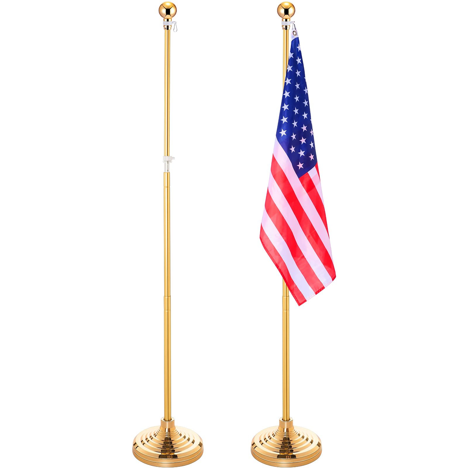 Photo 1 of Zonon 4 Pcs 8 ft Telescoping Indoor Flag Pole Kit 4th of July Independence Day with Stand Base and Topper, Heavy Duty Aluminum Camping Poles for House Office City Display (Ball Topper, Gold Pole)