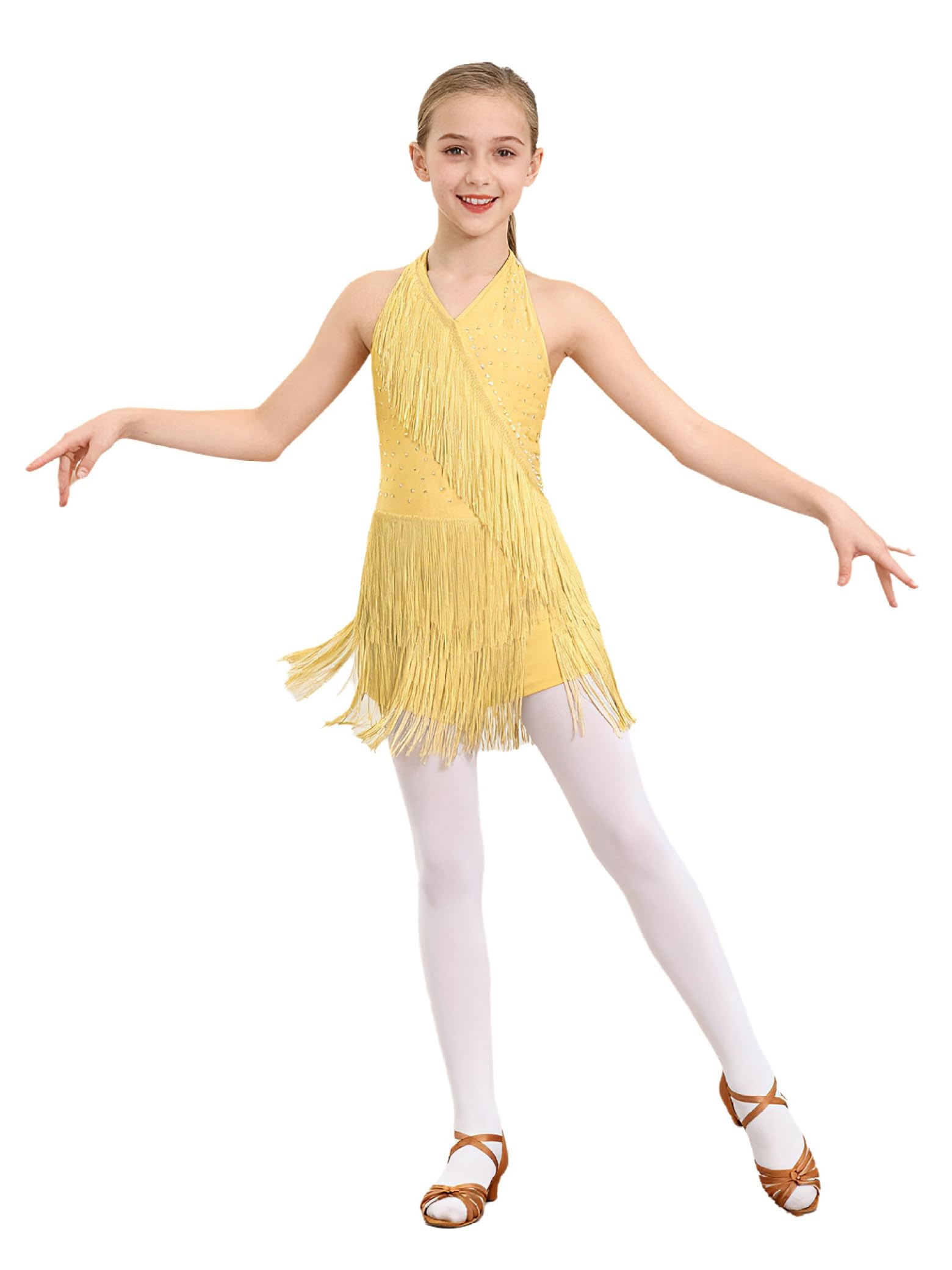 Jydiazi Vestido de baile latino para niña, con flecos, con brillantes, vestido de tango latinoamericano, Cha Cha, ropa de baile — view 8