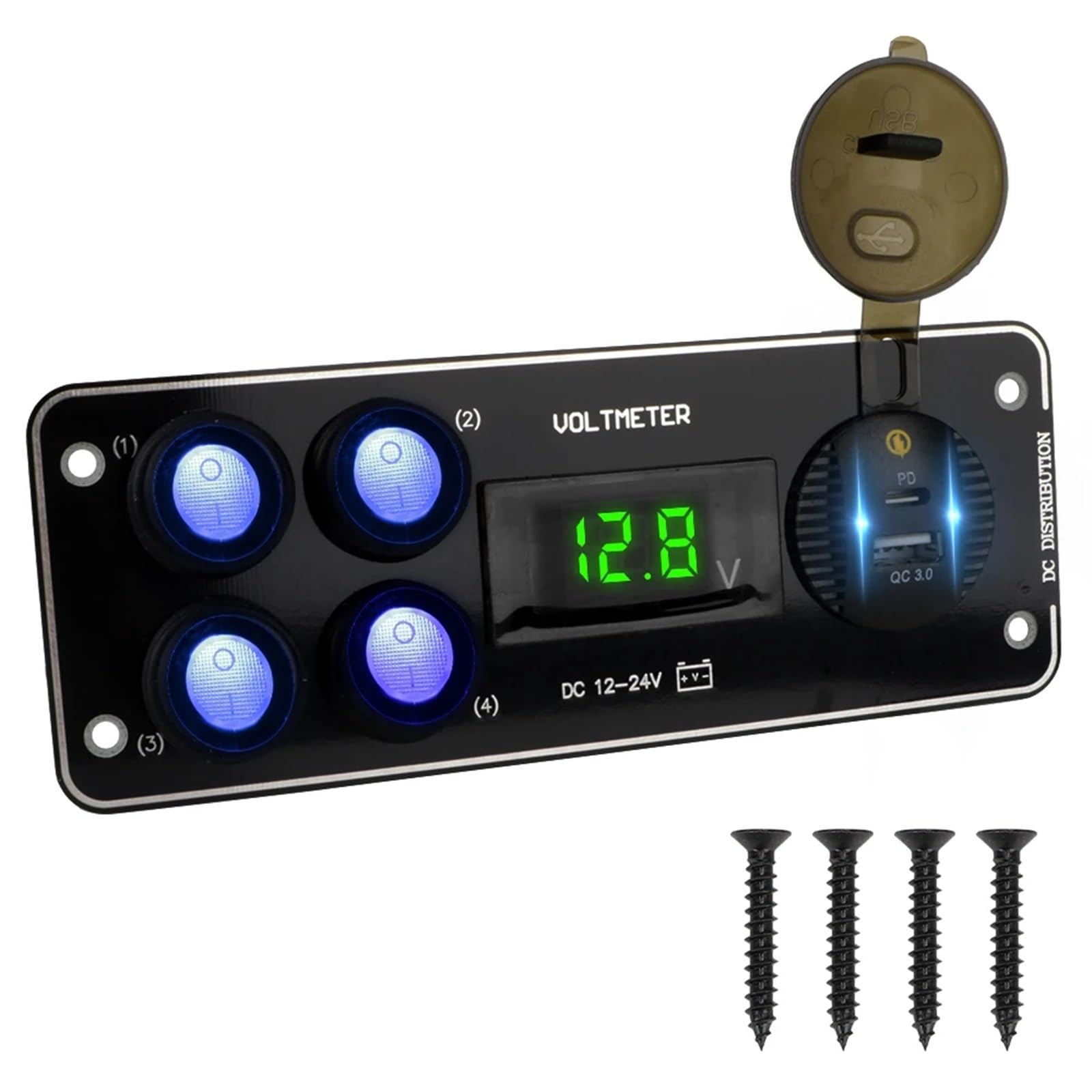 24V 12V Panel przełączników 4 przyciski przełącznik świateł samochodowych ładowarka USB 3.0 zasilacz akcesoria samochodowe do łodzi przyczepa kempingowa przyczepa ciężarowa(Green)