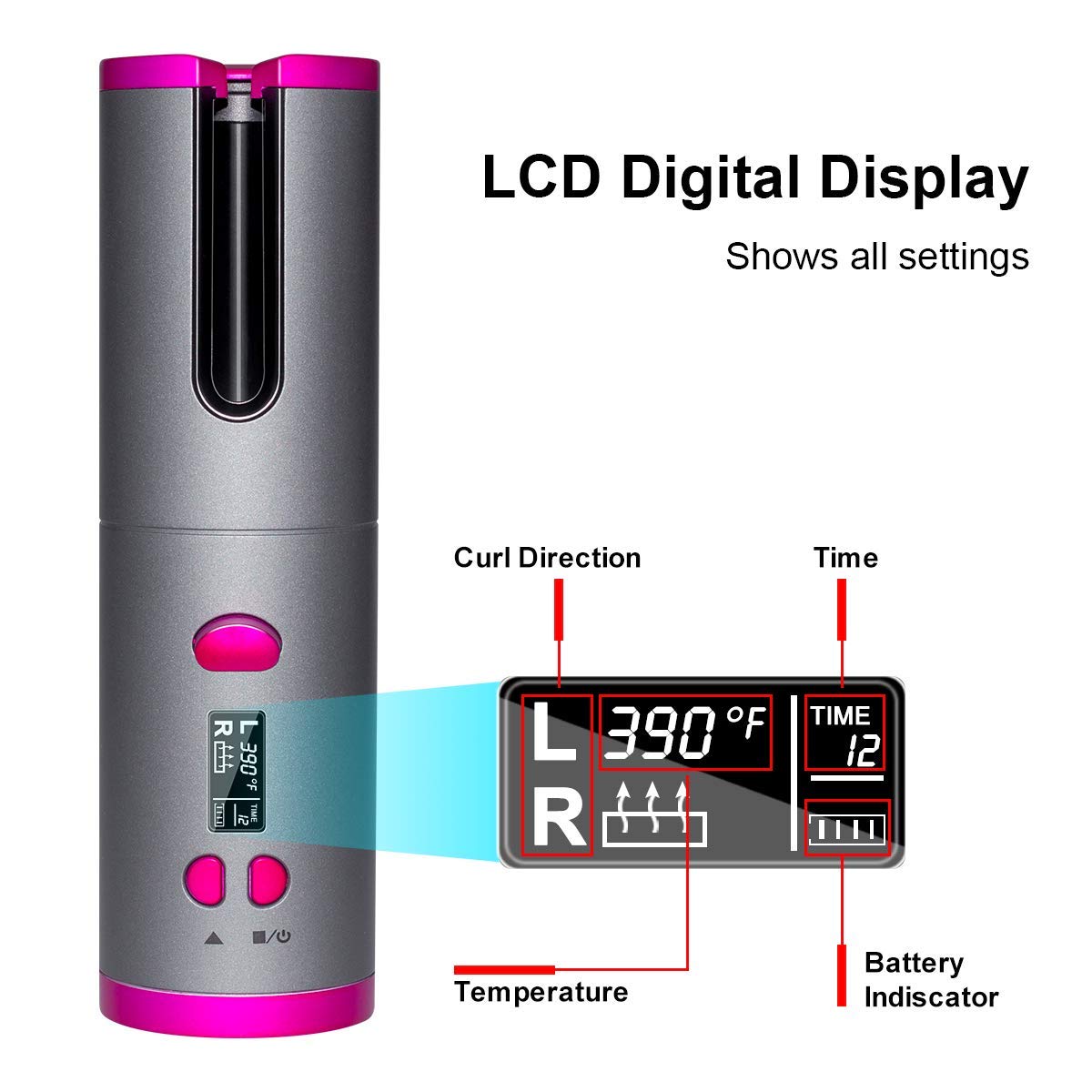 EMEBAY Fer à Friser Automatique Sans Fil, Boucleur à Cheveux Batterie Rechargeable 4000mAh, Bigoudi Anti-Brûlures avec Minuterie, Fer à Boucler Portable 6 Température Cheveux Longs et Courts
