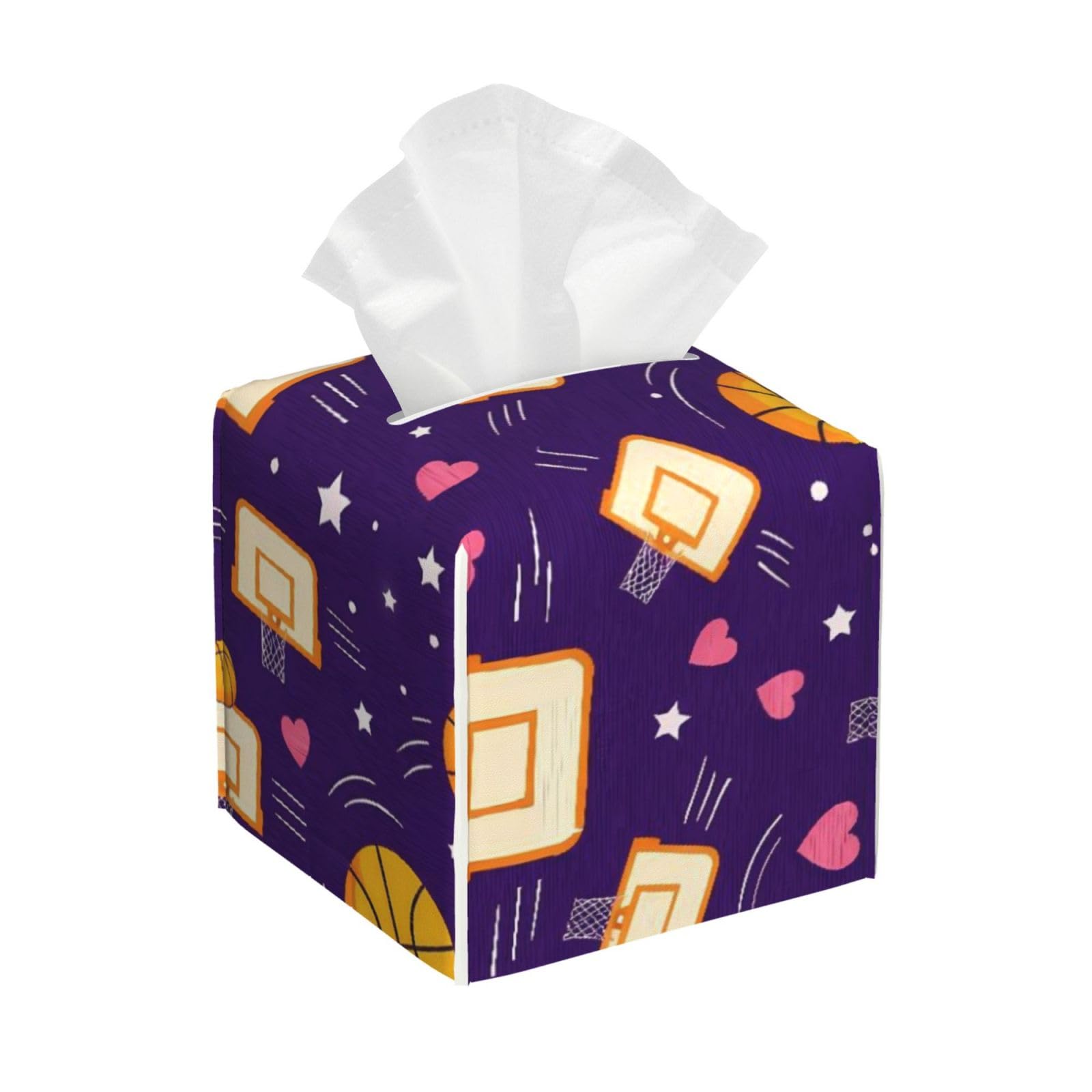 Basketball Purple Leather Tissue Box Cover Holder Square Facial Paper Organizer 5.2" X 5.2" X 5.2"