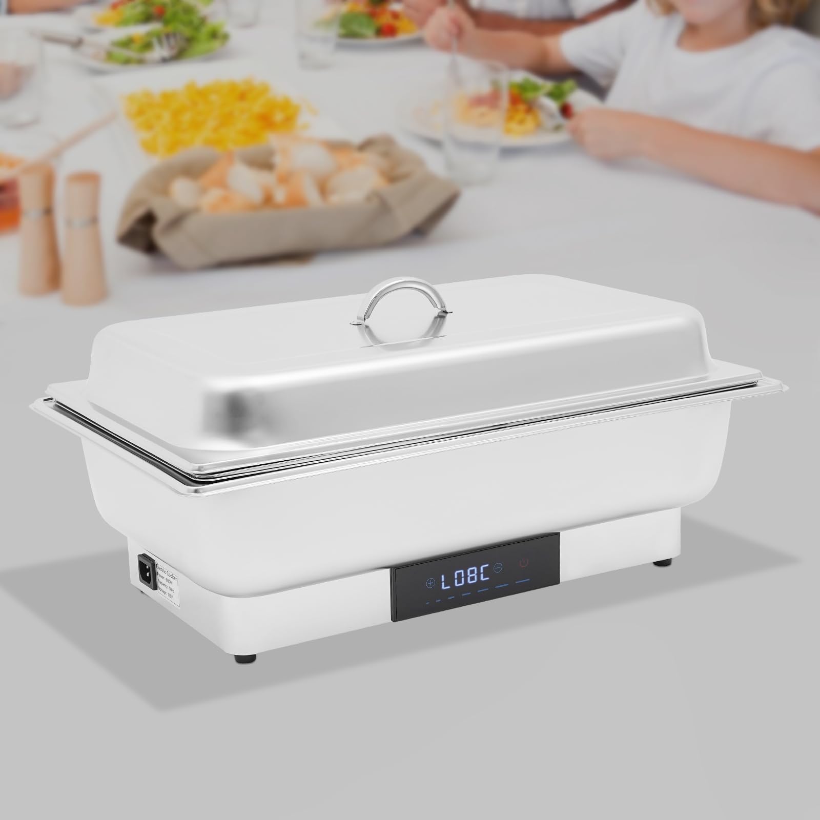 Chafing Dish elettrico in acciaio inox da 9 l, con coperchio e touch screen digitale, per buffet, 35-90 °C, per ristoranti e feste, 56 x 26 x 36 cm (1 scomparto + 2 piccoli scomparti, 9 l)