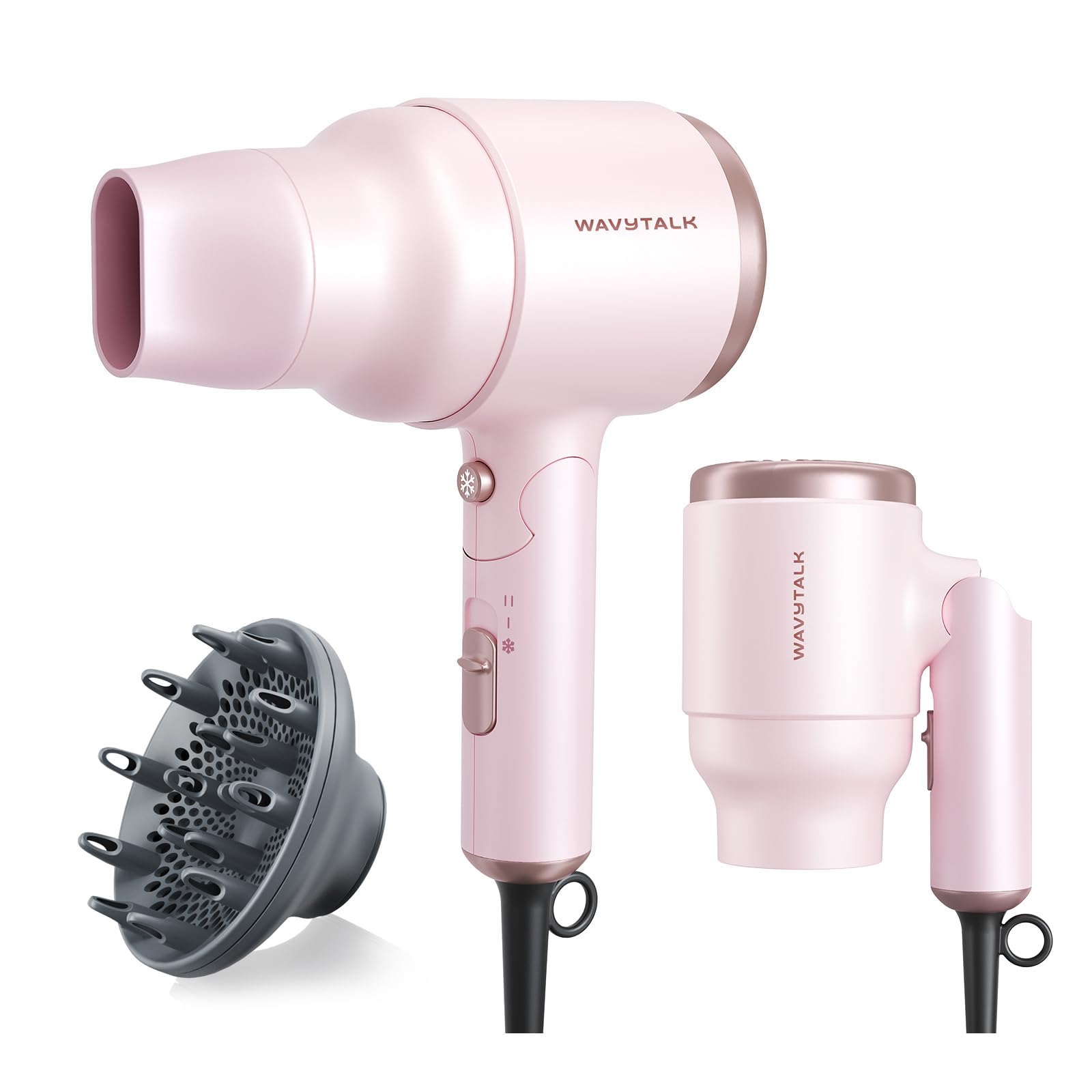 Wavytalk Blow Dryer with Diffuser, Mini Hair Dryer with Folding Handle, 1600W Quiet Lightweight Hairdryer with Diffuser Compact Design, Pinky White