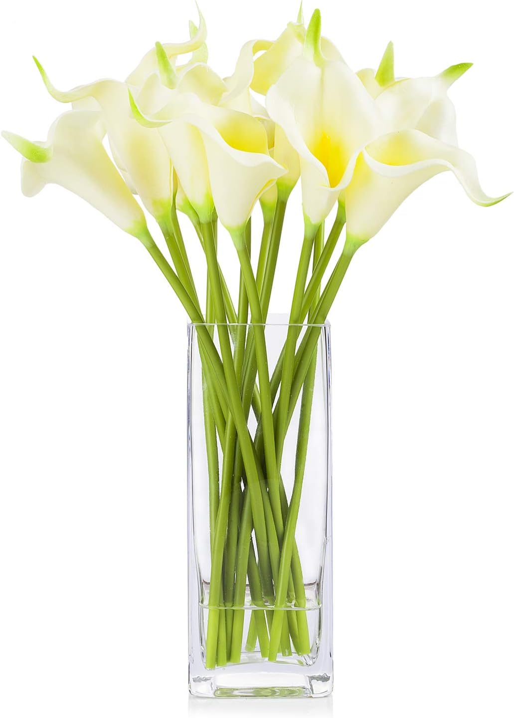 ENOVA HOME 15 Pieces Artificial Real Touch Lilies Flower Arrangement in Glass Vase with Faux Water for Home Decoration (Ivory)