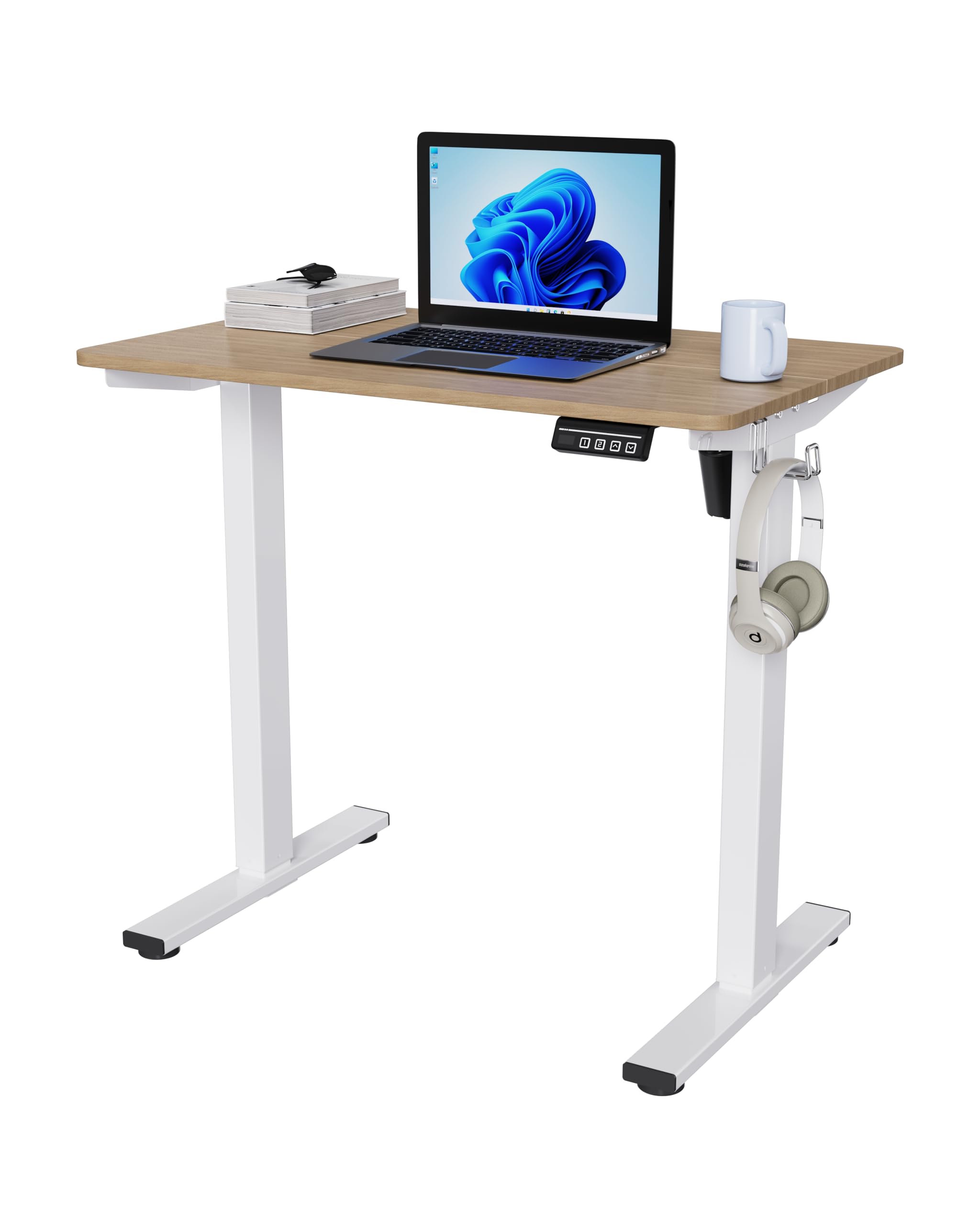 longke electric standing desk adjustable height, 32x20 inches sit stand up desktop for home office, ergonomic rising computer table with memory preset, yellow beams