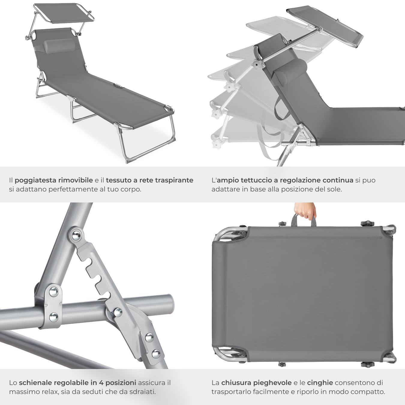 tectake Set 2 Lettino Pieghevole con Parasole, Schienale Regolabile 4 Posizioni, Rivestimento Resistente, Grigio
