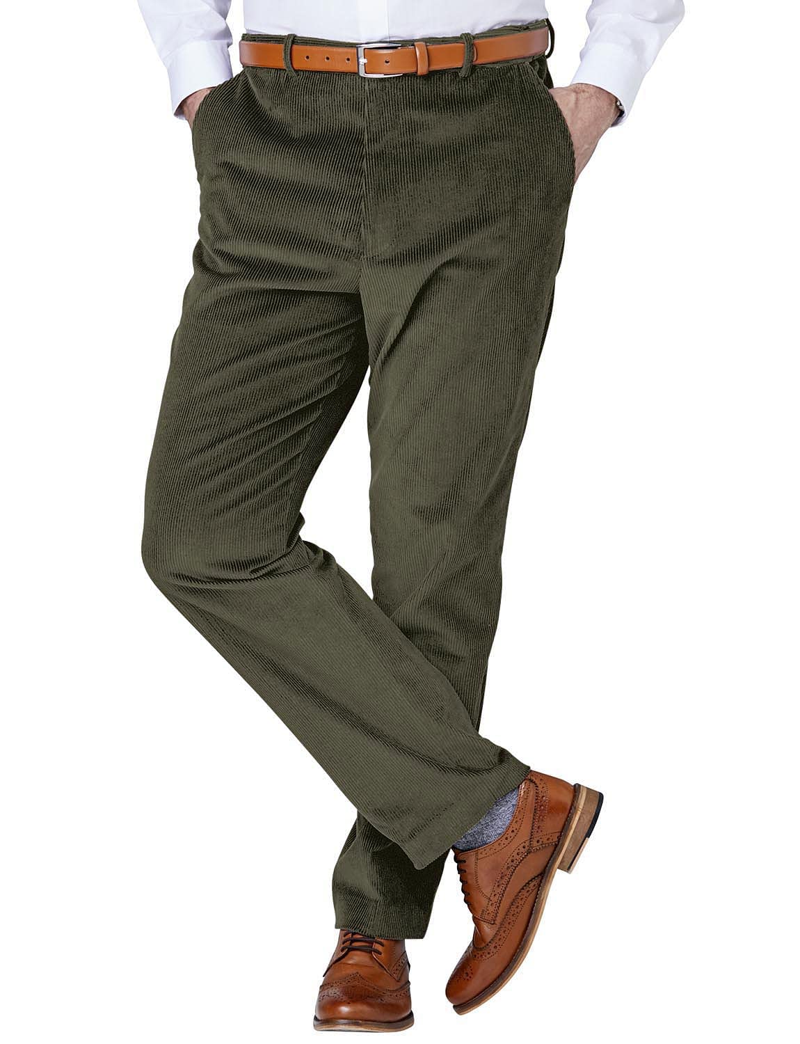 Jolliman Men's Olive Corduroy Trousers Pants Wide Leg Trousers Smart & Comfortable Cotton Trousers For 50 Waist / 31 Inside Leg