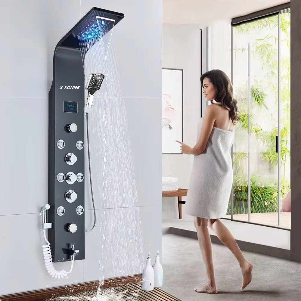 Stainless Steel 304 Grade Thermostatic Shower Panel 7in1+3 Ways Extra Large HandShower set,Health Faucet With LED Rainfall, Waterfall, Body Massager, 6 Mist Spray Temp. Display (Black)
