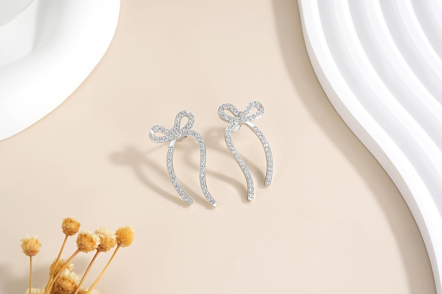 ZRU Christmas Sterling Silver Bow Earrings for Women, Sparkling CZ Hypoallergenic 925 Sterling Silver Ribbon Bow Dangle Drop Earrings Tassel Xmas Gifts Wedding Party Dainty Jewelry - Image 2