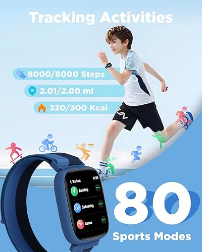 Miniatura 3 de BIGGERFIVE Reloj inteligente para niños, reloj de seguimiento de actividad física de 1.8", podómetro, frecuencia cardíaca, IP68 resistente al agua,