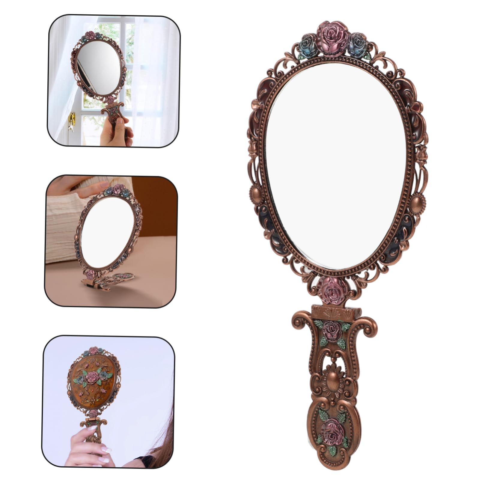 FOYTOKI Portable Antique Hand Mirror with Handle Travel Makeup Mirror for Women Compact Dresser Mirror High Definition Handheld Vanity Mirror for Quick Touch Ups and Cosmetics