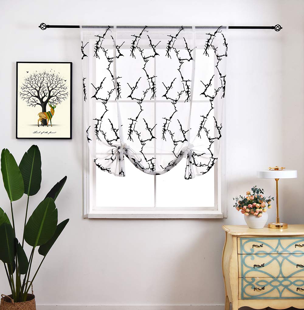 SMITHOOM 1 Piece Roman Curtain Translucent Branches Embroidered Sheer Curtains Rod Pocket Voile Panel for Bedroom Children Room Livingroom Balcony Kitchen Bathroom, Black, 120x120cm