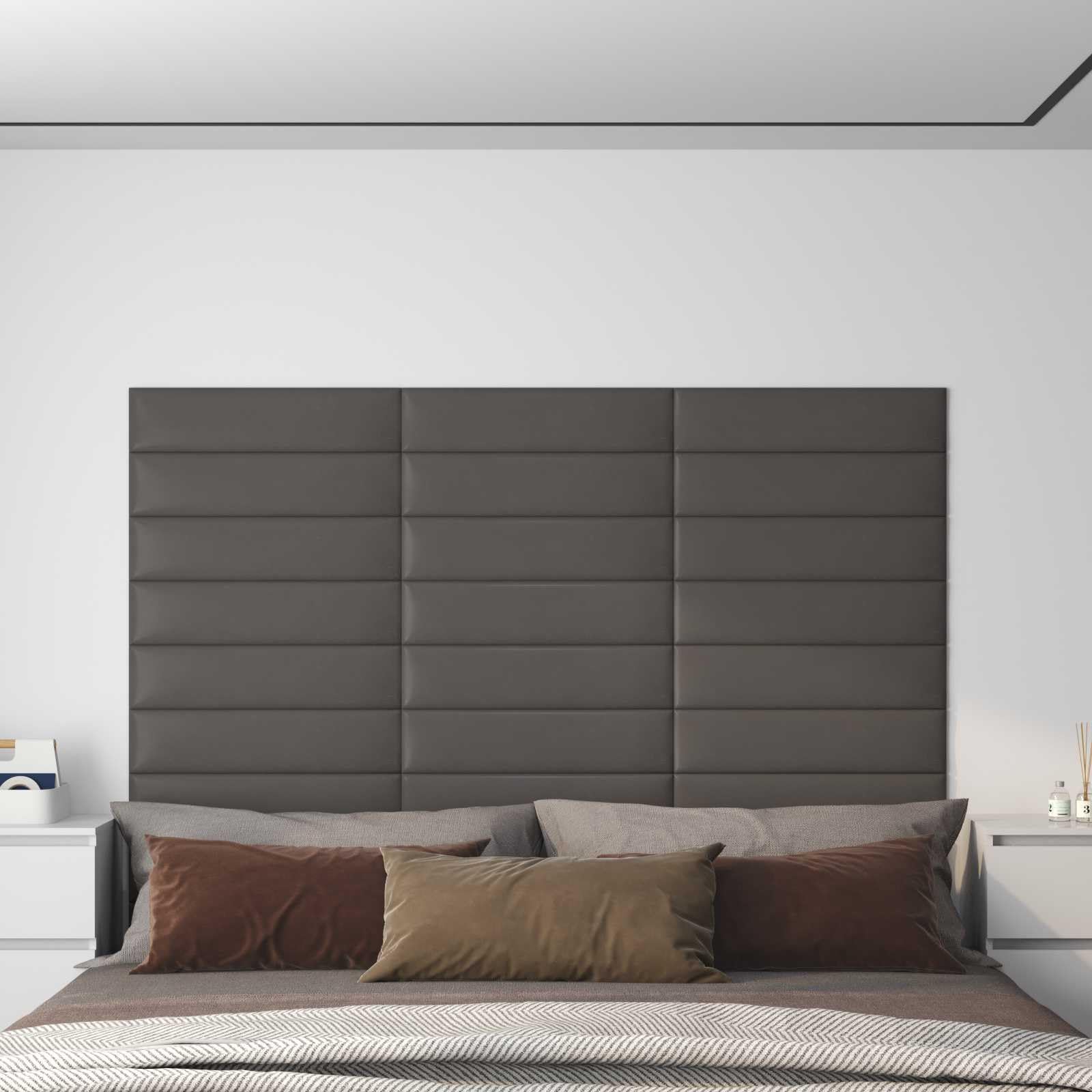 Juego de 12 cabezales de pared de 60 x 15 cm, tela gris, revestimiento de pared y panel de pared para interiores, dormitorio moderno, montaje con material de madera, revestimiento decorativo