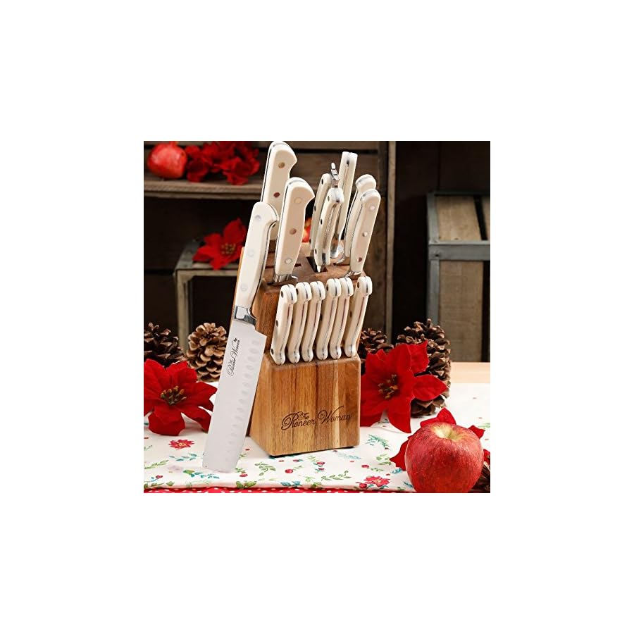 The Pioneer Woman Cowboy Rustic 14-Piece Linen Cutlery Set W/ Wood Block/WHITE