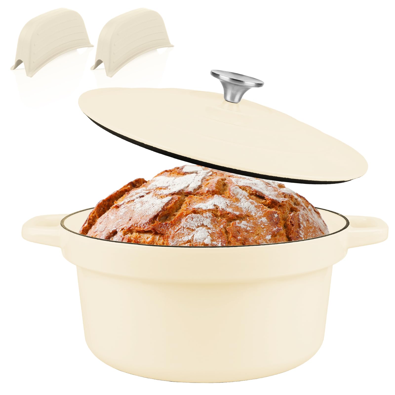 Photo 1 of CUKOR 7QT Dutch Oven Pot With Lid, Enameled Cast Iron Dutch Ovens for Sourdough Bread Baking, Non-Stick Ceramic Dutch Oven Cooking Pot, Oven Safe, White (10 Pcs Bread Paper Liners)