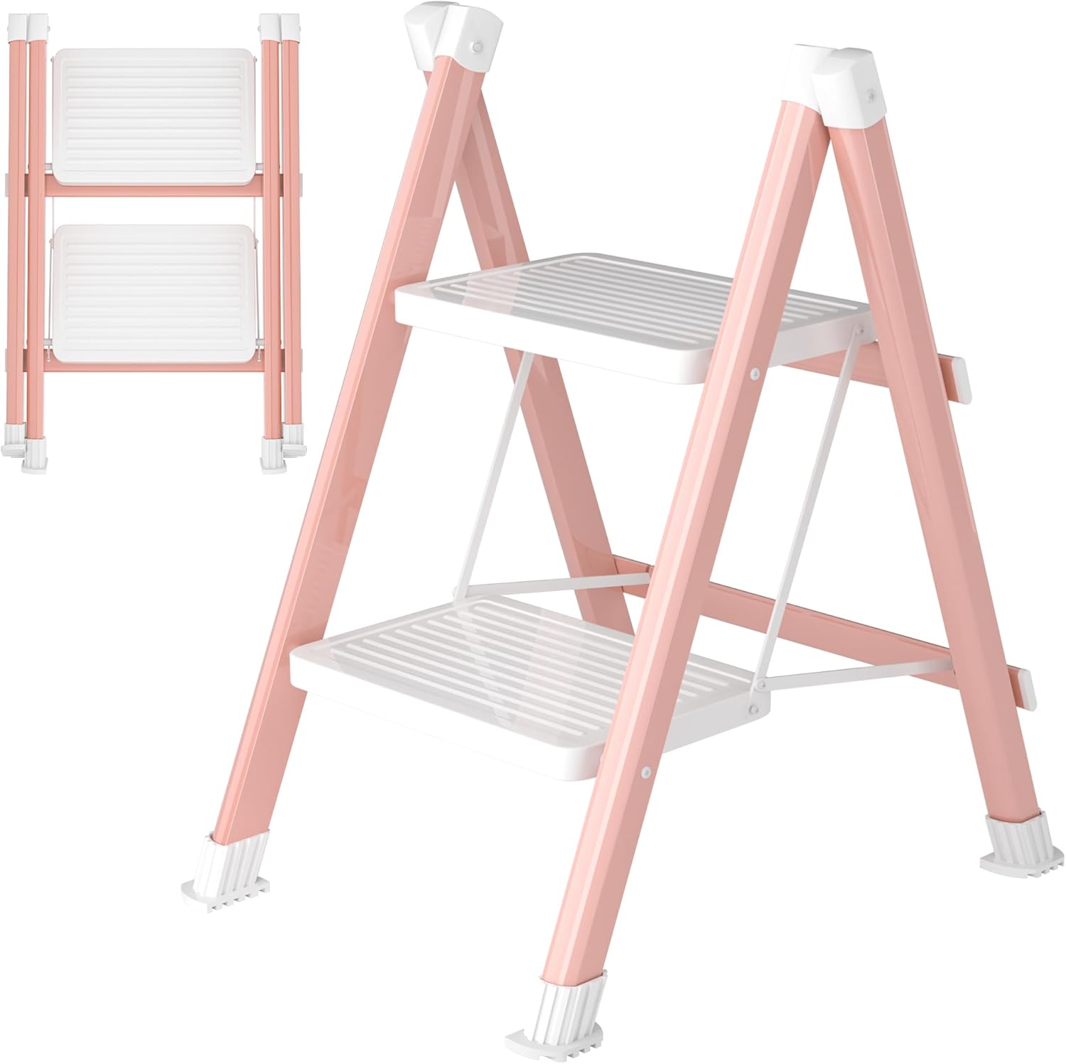 2 Step Ladder, Folding Step Stool with Anti-Slip Wide Pedal, Anti-Slip Feet, Sturdiest Steel Construction, Steel Ladder for Home and Office, Pink White Pink White 2 Step