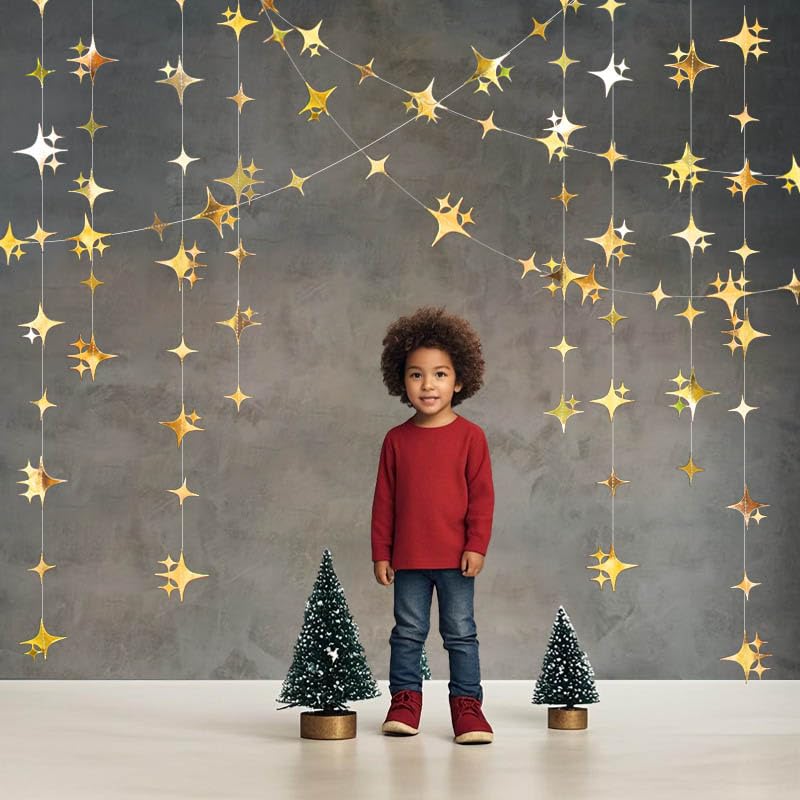 Image of Glitter Gold Four-Angle Star Paper Garland Banner Decor 40 Feet Gold Twinkle Star Hanging Bunting Banner Backdrop for Wedding Baby Shower Birthday Graduation Disco Party Decorations