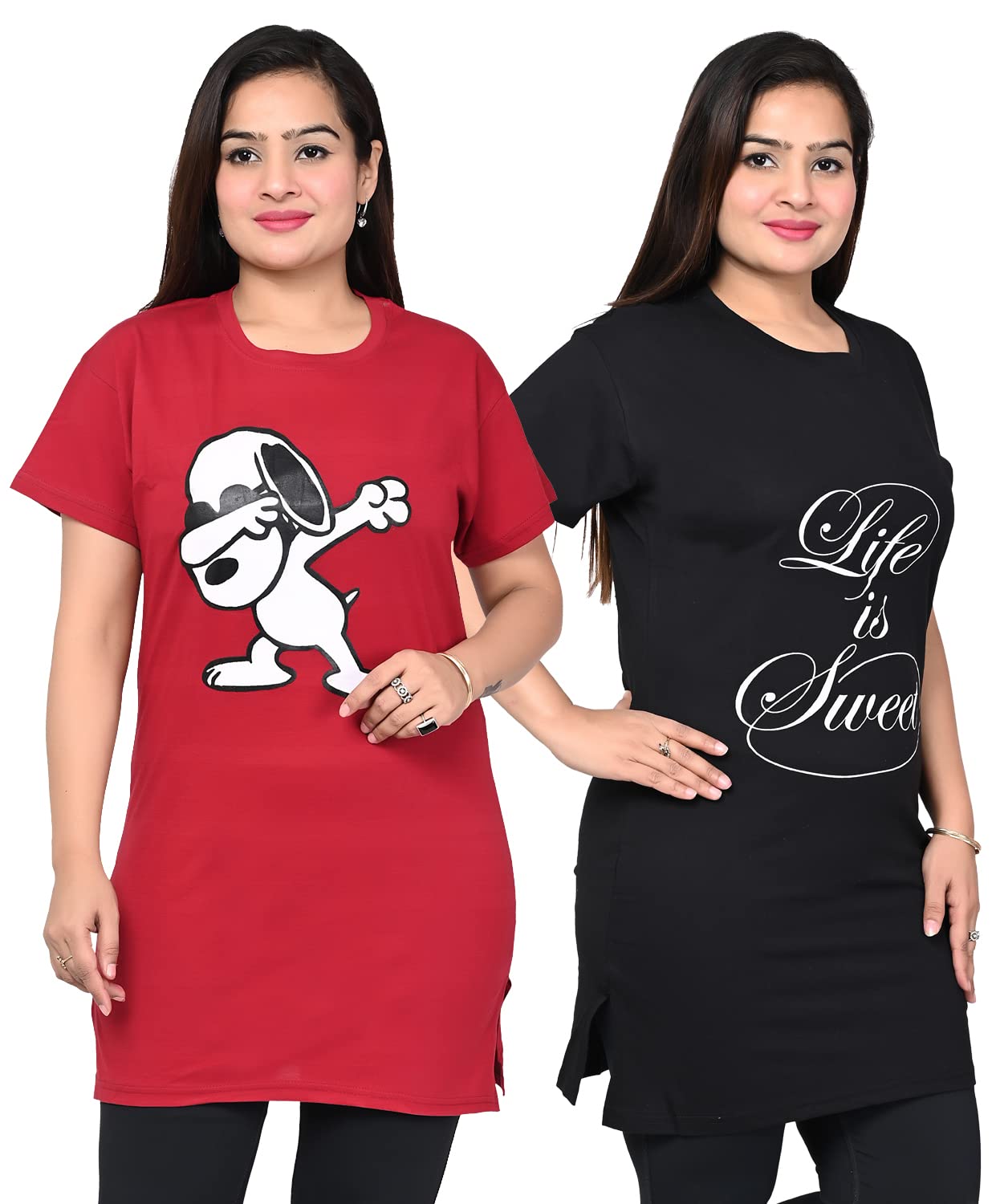 SK Wardrobe Women's & Girls Printed Long Polo Cotton T-Shirts | Regular Fit Nightwear & Daily Use | Soft, Breathable Cotton Comfort | Stylish Everyday T-Shirts | Pack of 2-image-26