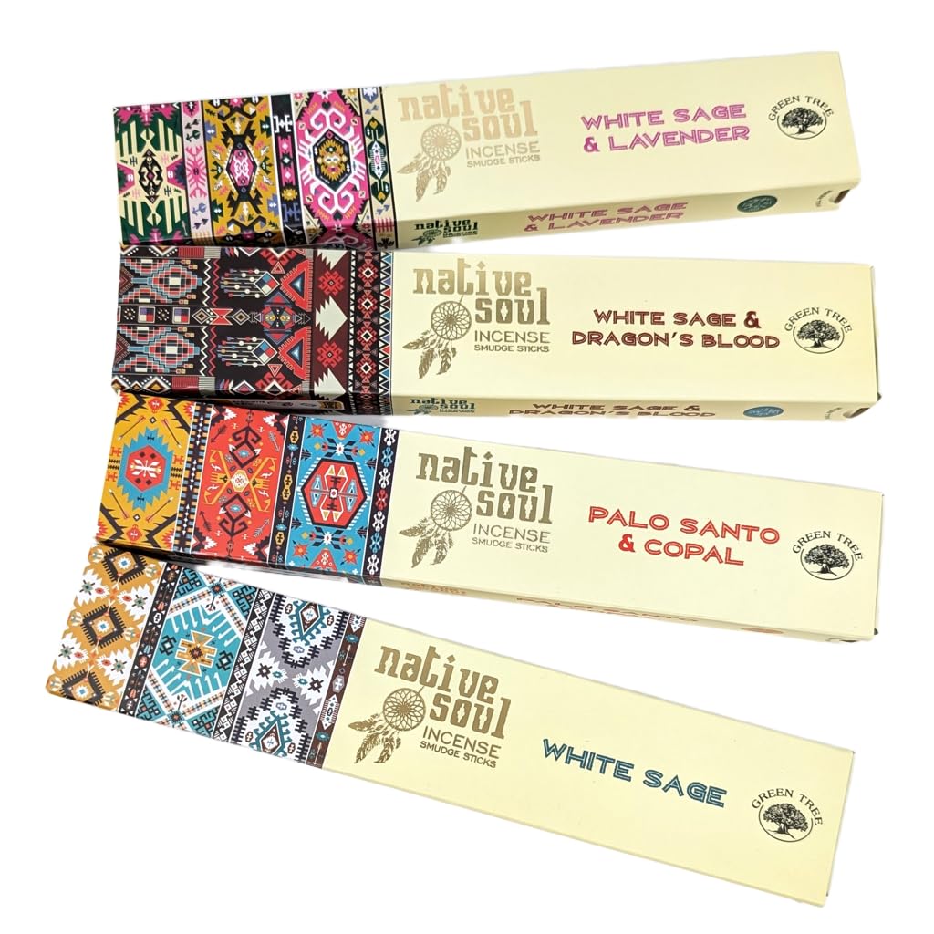 Native Soul Incense Sticks 4 Pack Gift Set with JRose Incense Burner – White Sage & Lavender, Dragon’s Blood, Palo Santo & Copal – Green Tree Natural Masala – Cleansing & Meditation NS1
